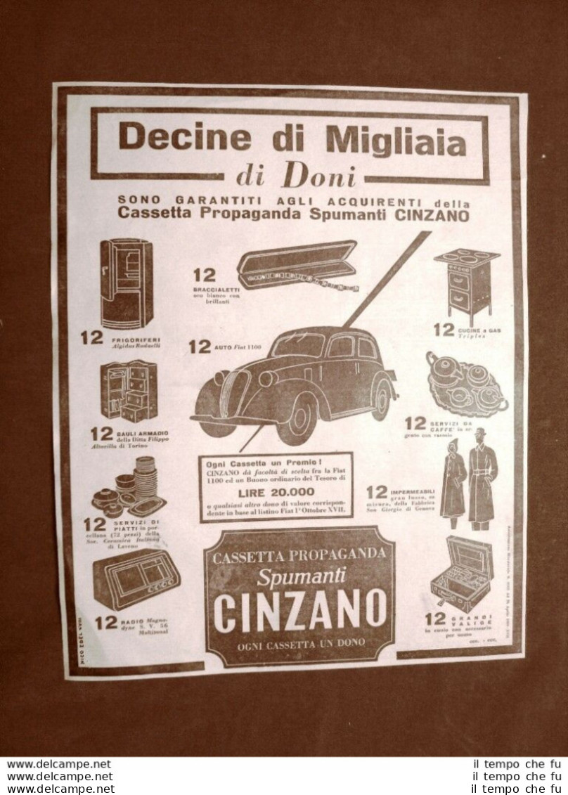 Pubblicità Del 1945 Cassetta Propaganda Spumante Cinzano Migliaia Di Doni - Other & Unclassified