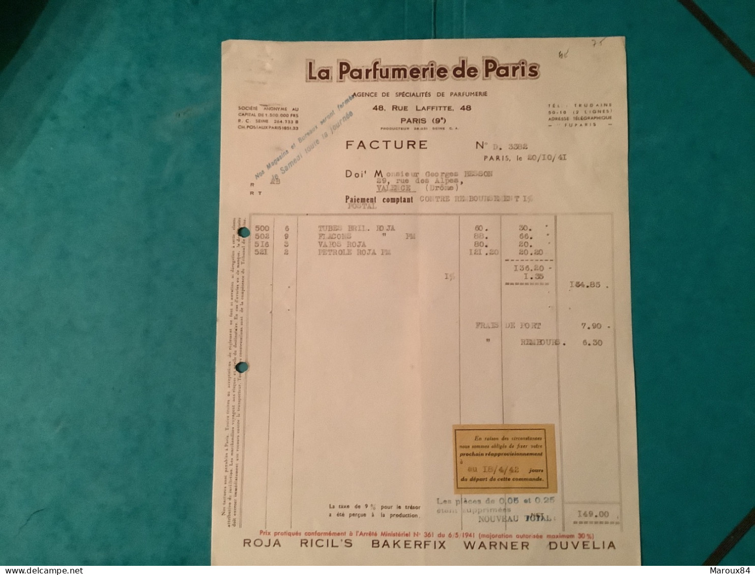 75/ Fact La Parfumerie De Paris 9eme 1941 - Chemist's (drugstore) & Perfumery