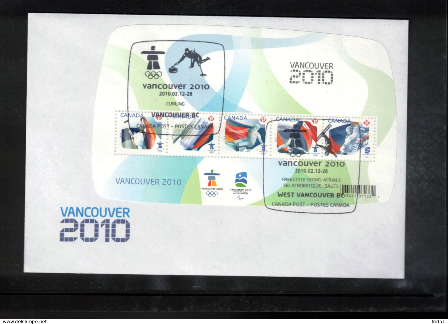 Canada 2010 Olympic Games Vancouver-Curling+Free Style Ski Postmark On Scarce Block With Silver Overprint Vancouver 2010 - Hiver 2010: Vancouver
