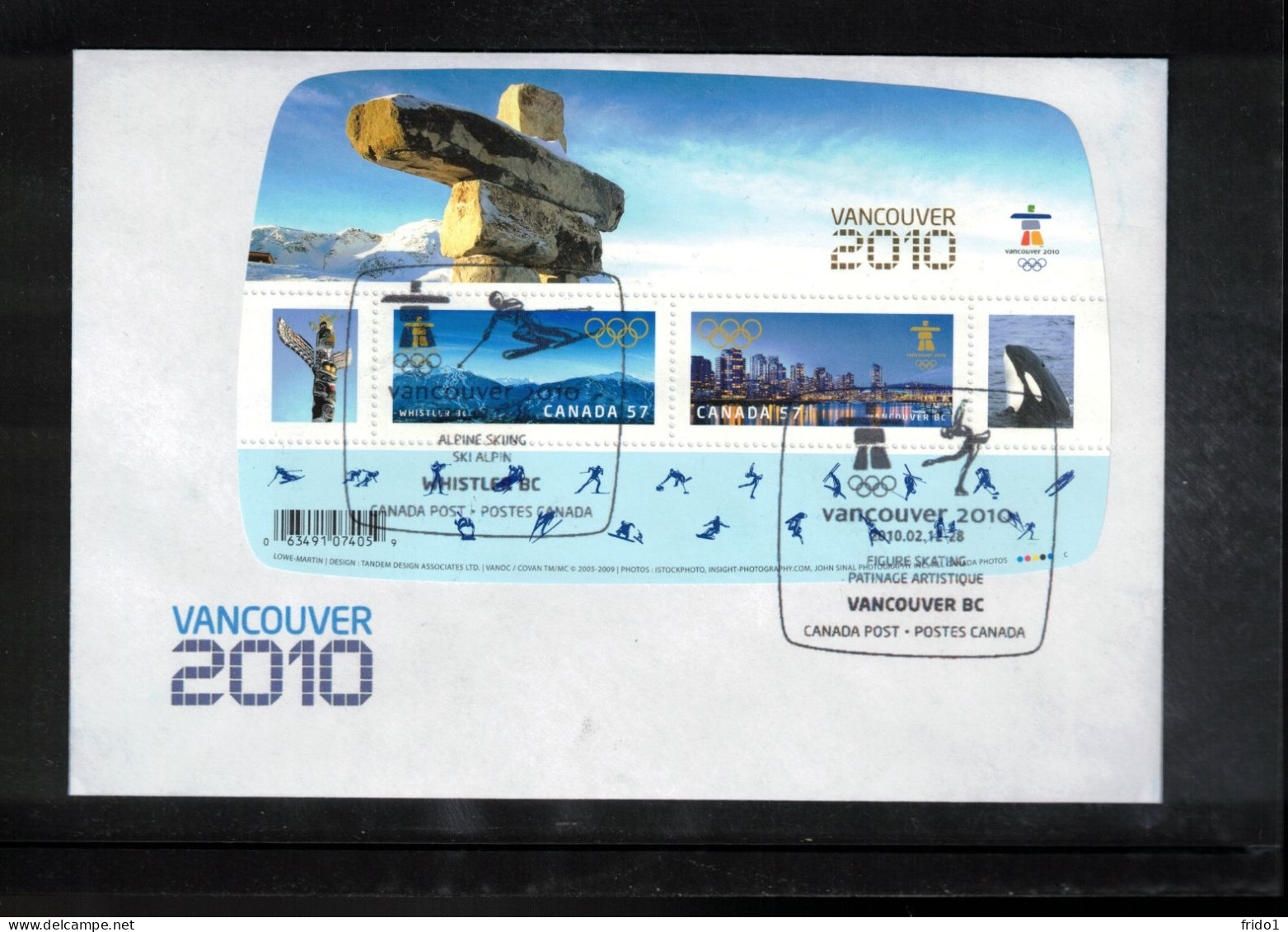 Canada 2010 Olympic Games Vancouver-Alpine Skiing+F.Skatin Postmark On Scarce Block With Golden Overprint Vancouver 2010 - Winter 2010: Vancouver