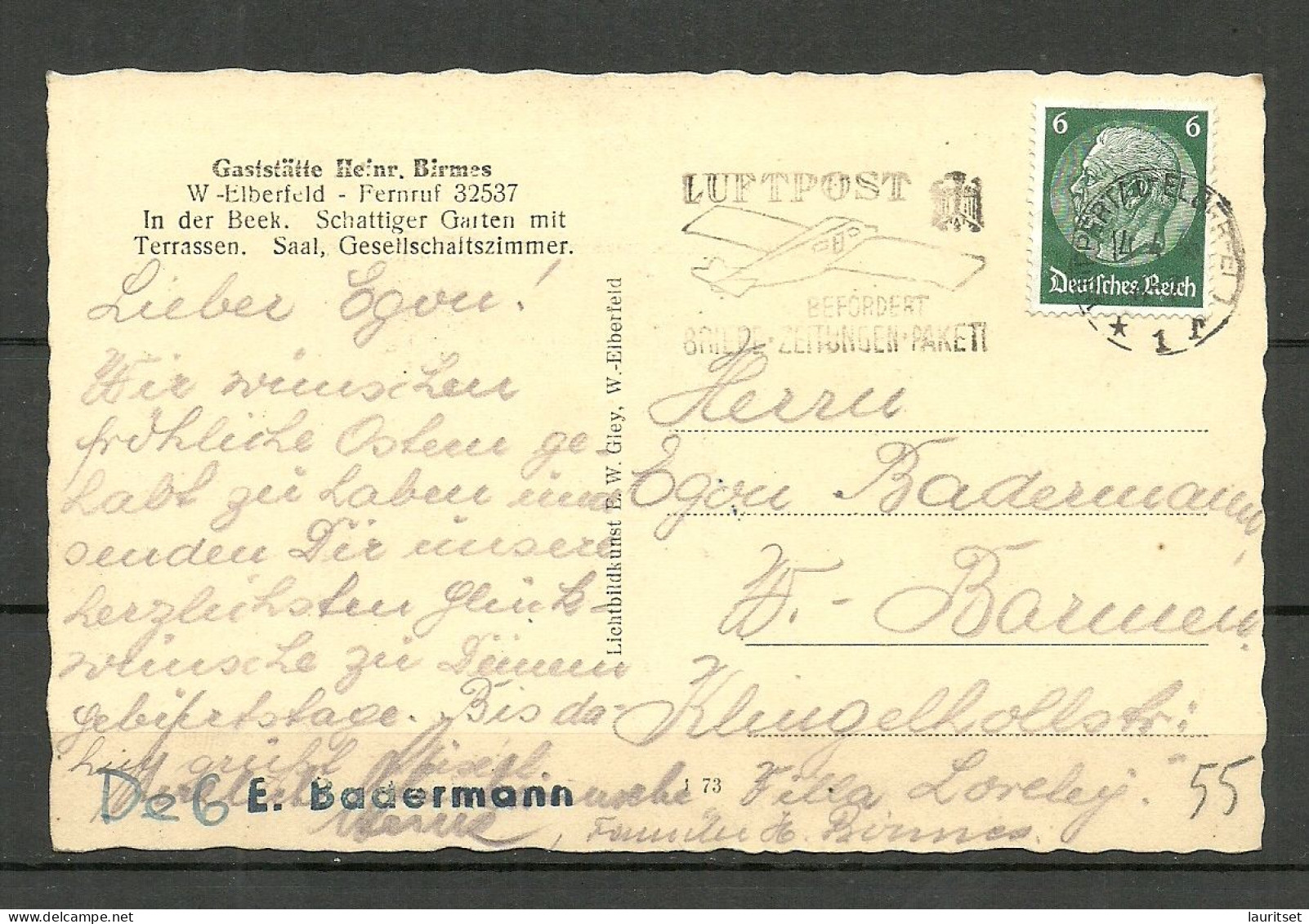 Germany Deutschland Kaffee Restaurant "In Der Alten Beek" H. Birmes W. - Elberfeld O 1936 Werbestempel Luftpost ... - Hotels & Restaurants