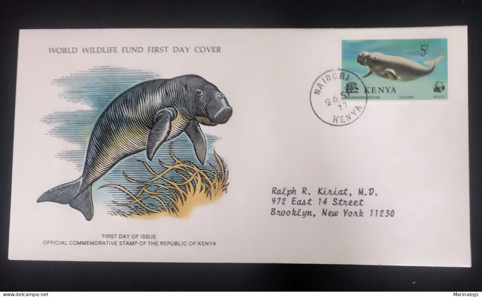 EL)1977 KENIA, WORLD WILDLIFE FUND, WWF, ENDANGERED SPECIES, DUGONG, CIRCULATED TO NEW YORK - USA, FDC - Kenya (1963-...)