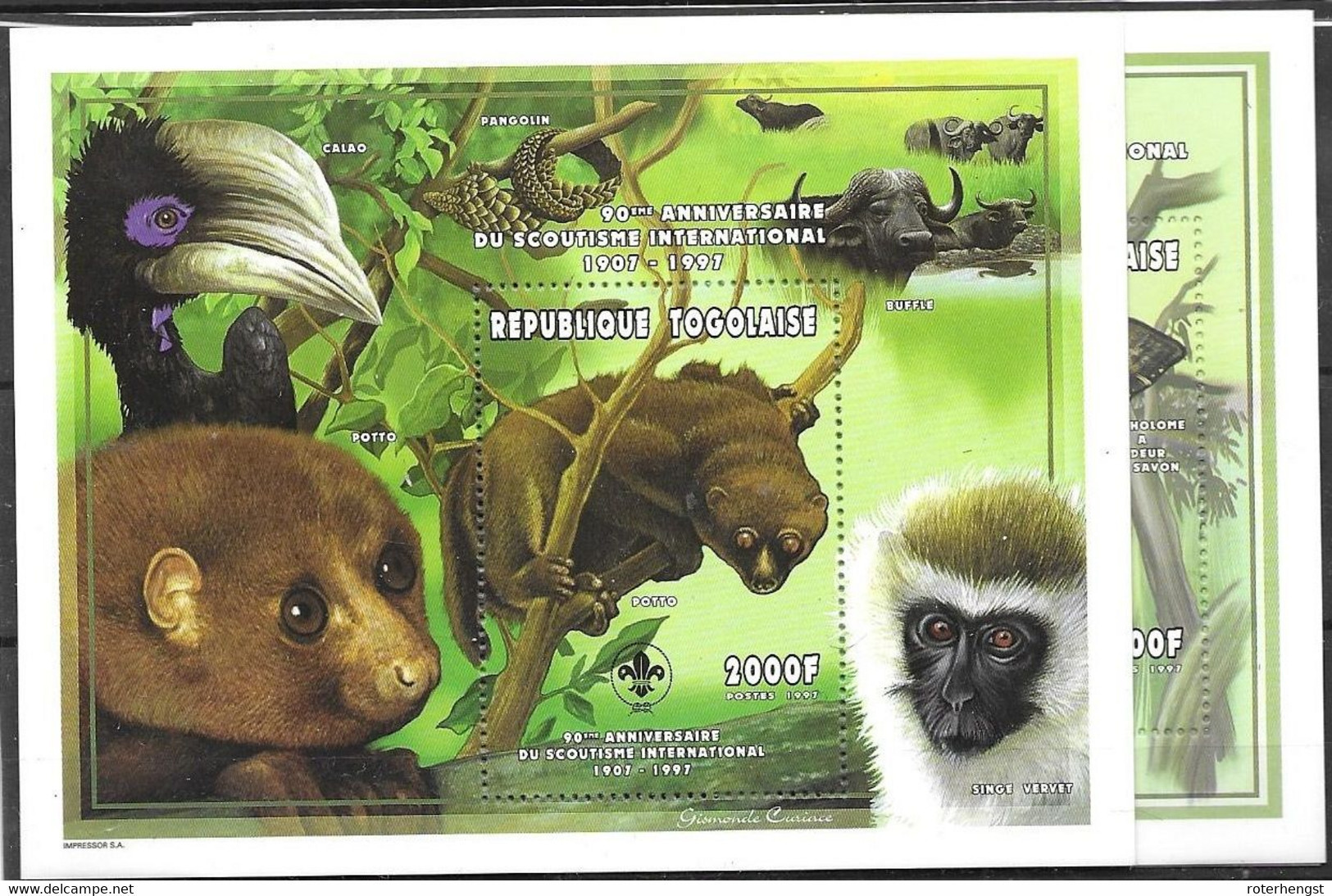 Togo 2 Different Sheets Mnh ** 1997 17 Euros Scouts Animals Bird Ape Mushroom Champignons - Togo (1960-...)