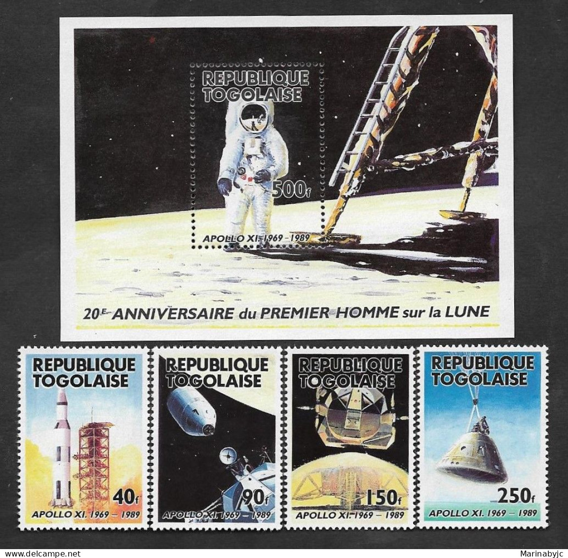 SE)1989 TOGO COMPLETE SPACE SERIES, 20TH ANNIVERSARY OF MAN'S ARRIVAL ON THE MOON, SOUVENIR SHEET AND 4 MNH STAMPS - Togo (1960-...)