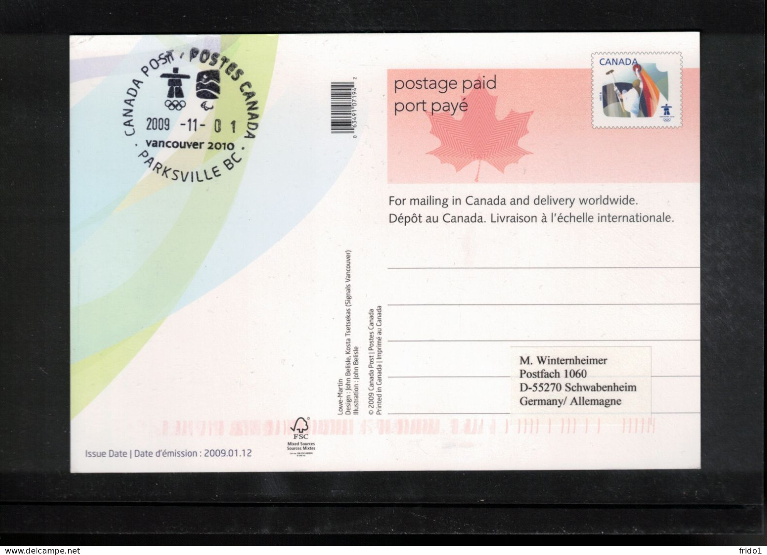 Canada 2009 Olympic Games Vancouver - PARKSVILLE BC Postmark Interesting Postcard - Winter 2010: Vancouver