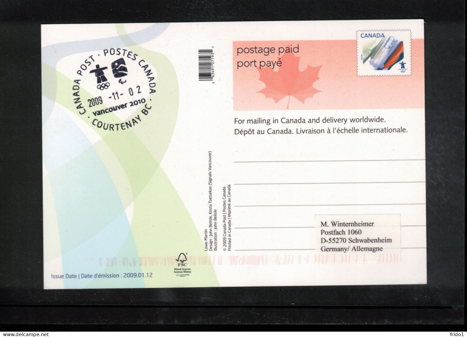 Canada 2009 Olympic Games Vancouver - COURTENAY BC Postmark Interesting Postcard - Winter 2010: Vancouver