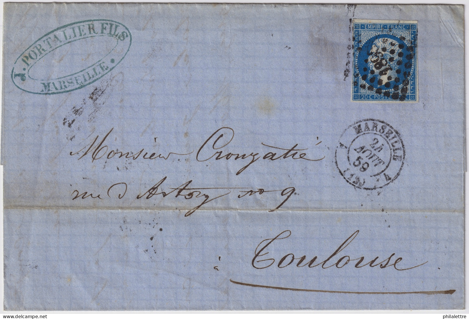 FRANCE - 1859 - Yv.14A (type I) Obl. Pc 1896 + TàD " MARSEILLE / 4 (12) 4 " Sur LAC Pour TOULOUSE - 1853-1860 Napoleon III