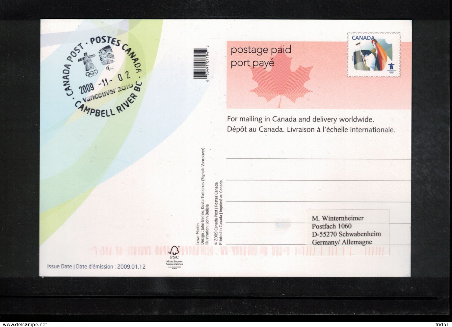 Canada 2009 Olympic Games Vancouver - CAMPBELL RIVER BC Postmark Interesting Postcard - Winter 2010: Vancouver