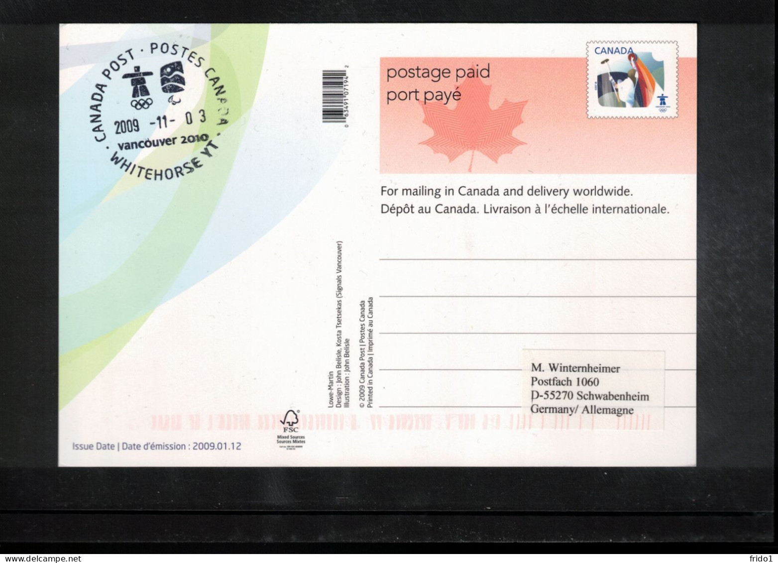 Canada 2009 Olympic Games Vancouver - WHITEHORSE YT Postmark Interesting Postcard - Hiver 2010: Vancouver