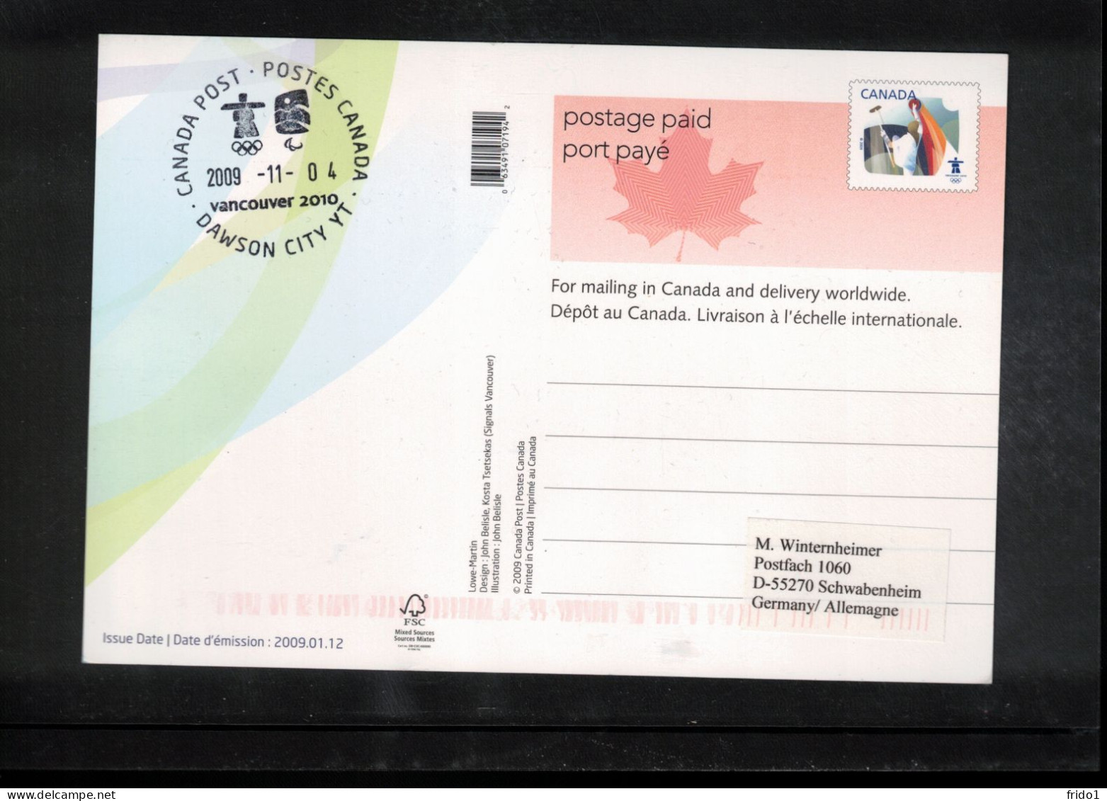 Canada 2009 Olympic Games Vancouver - DAWSON CITY YT Postmark Interesting Postcard - Winter 2010: Vancouver