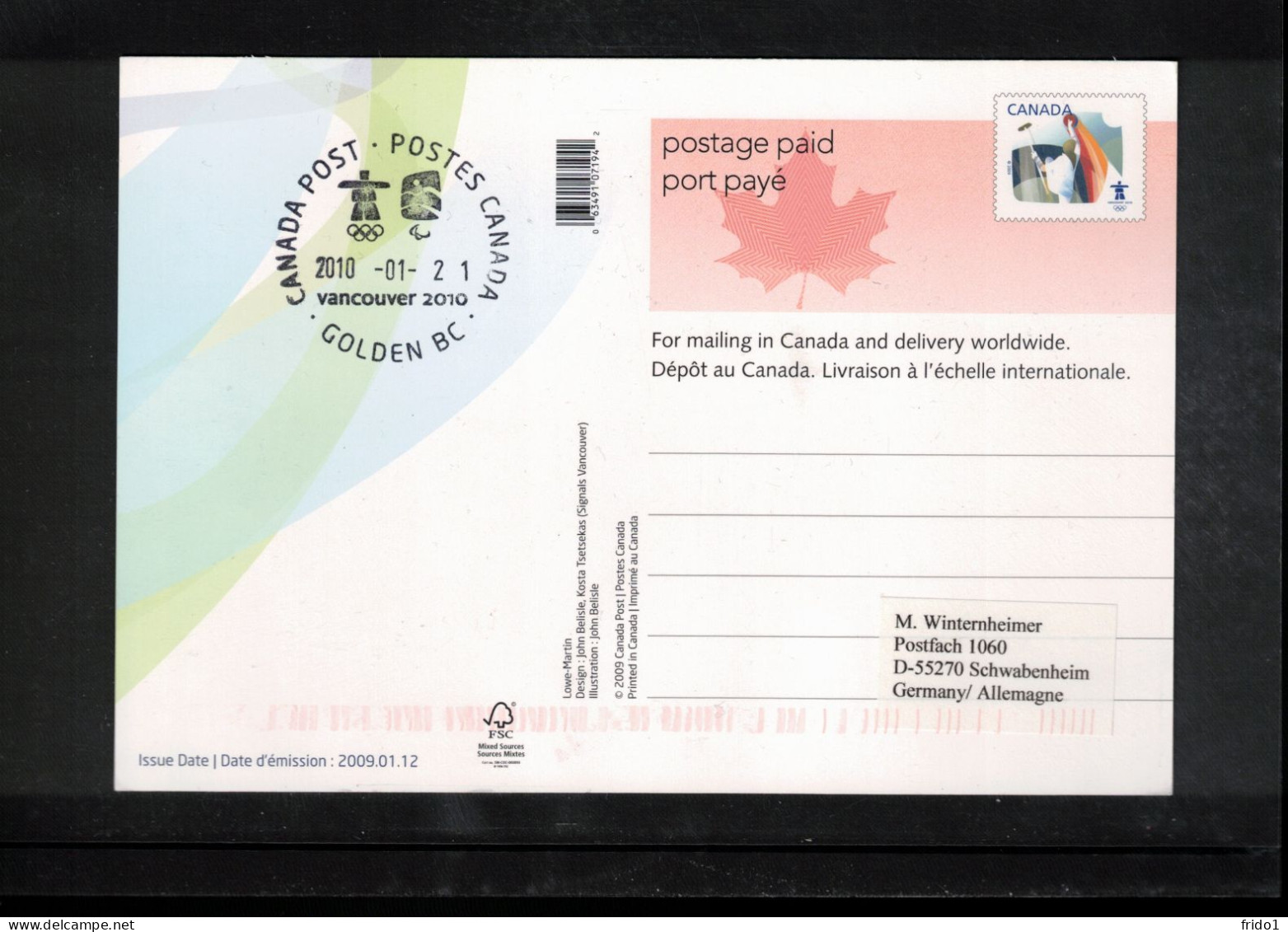 Canada 2010 Olympic Games Vancouver - GOLDEN BC Postmark Interesting Postcard - Winter 2010: Vancouver