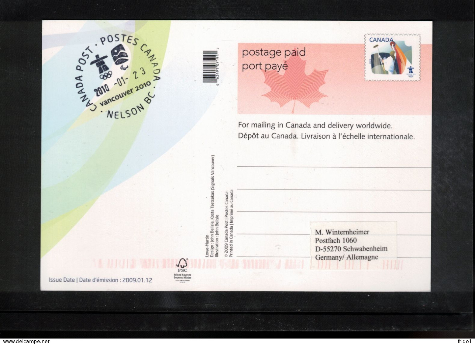 Canada 2010 Olympic Games Vancouver - NELSON BC Postmark Interesting Postcard - Hiver 2010: Vancouver