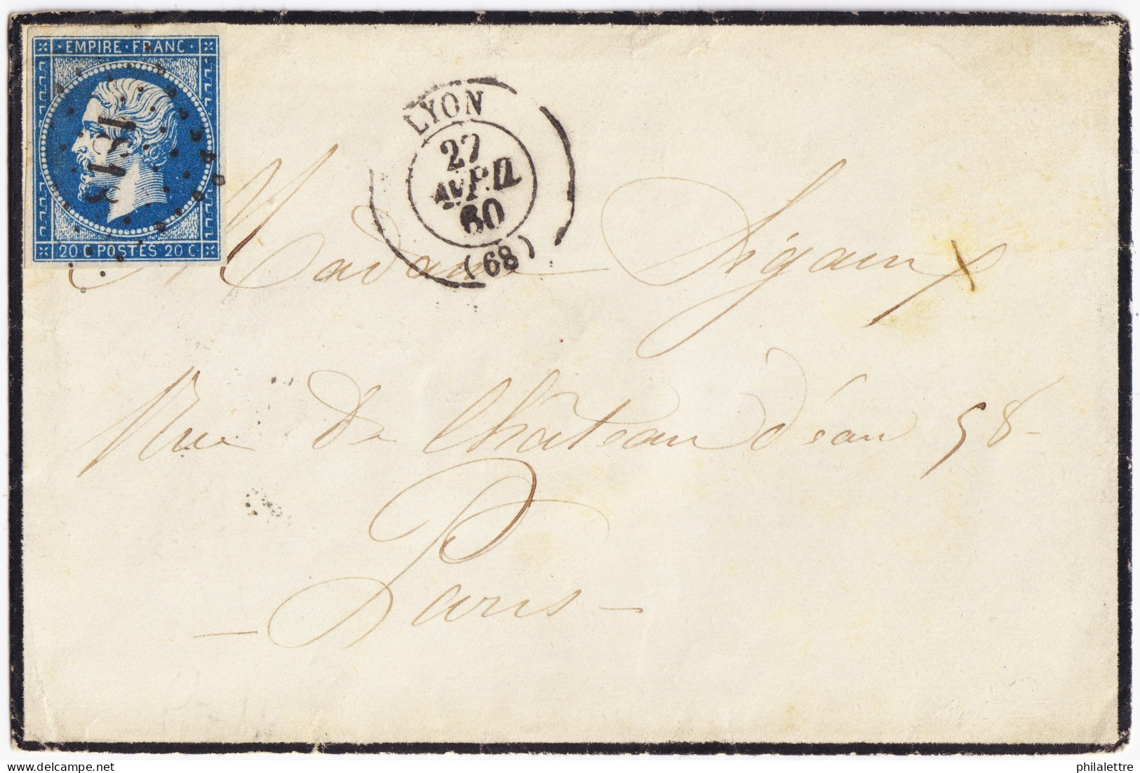 FRANCE - 1860 - Yv.14 (type I) Obl. Pc 1818 + TàD "LYON / (68) " Sur LSC Pour Paris - 1853-1860 Napoleone III