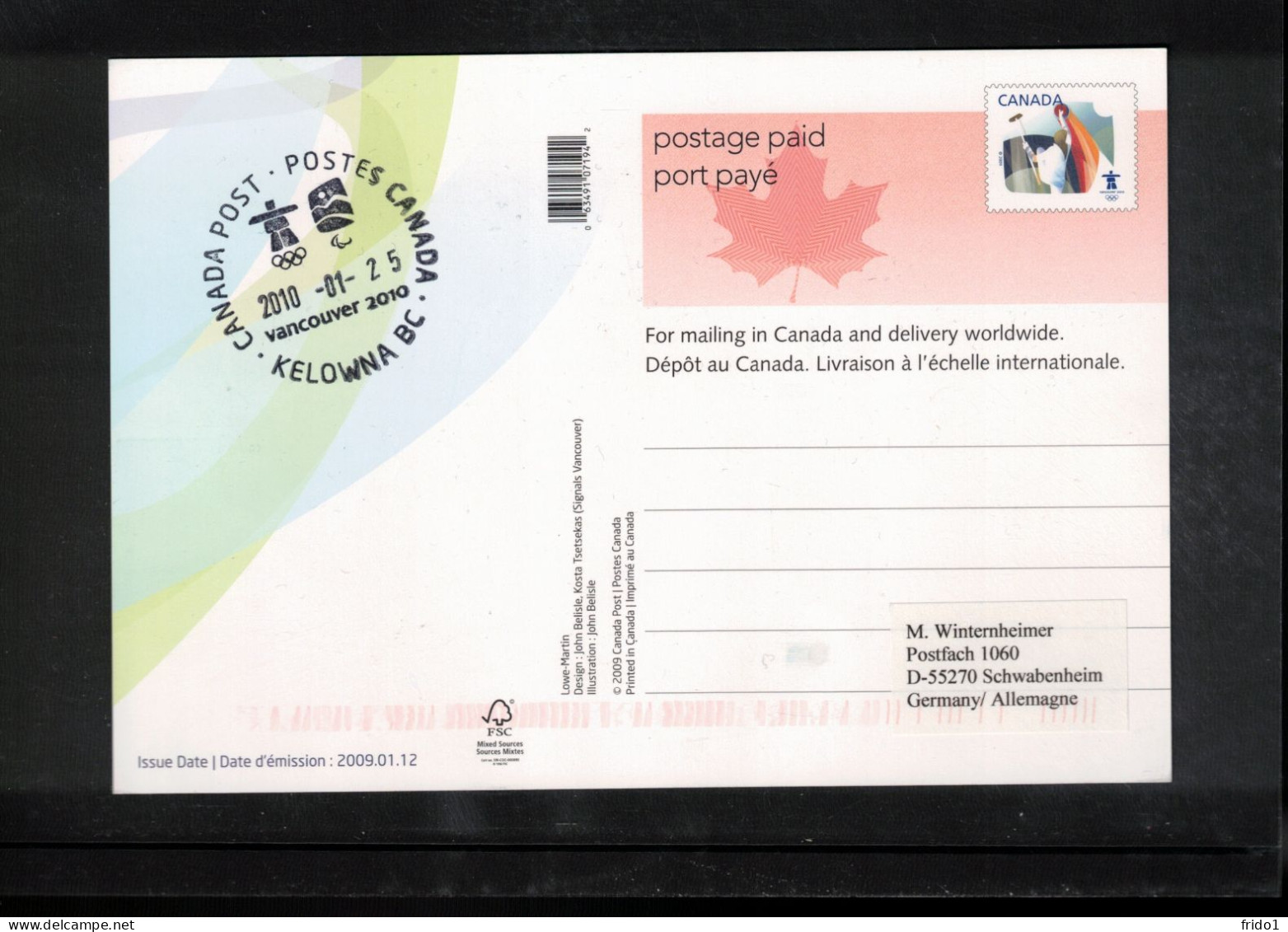 Canada 2010 Olympic Games Vancouver - KELOWNA BC Postmark Interesting Postcard - Winter 2010: Vancouver