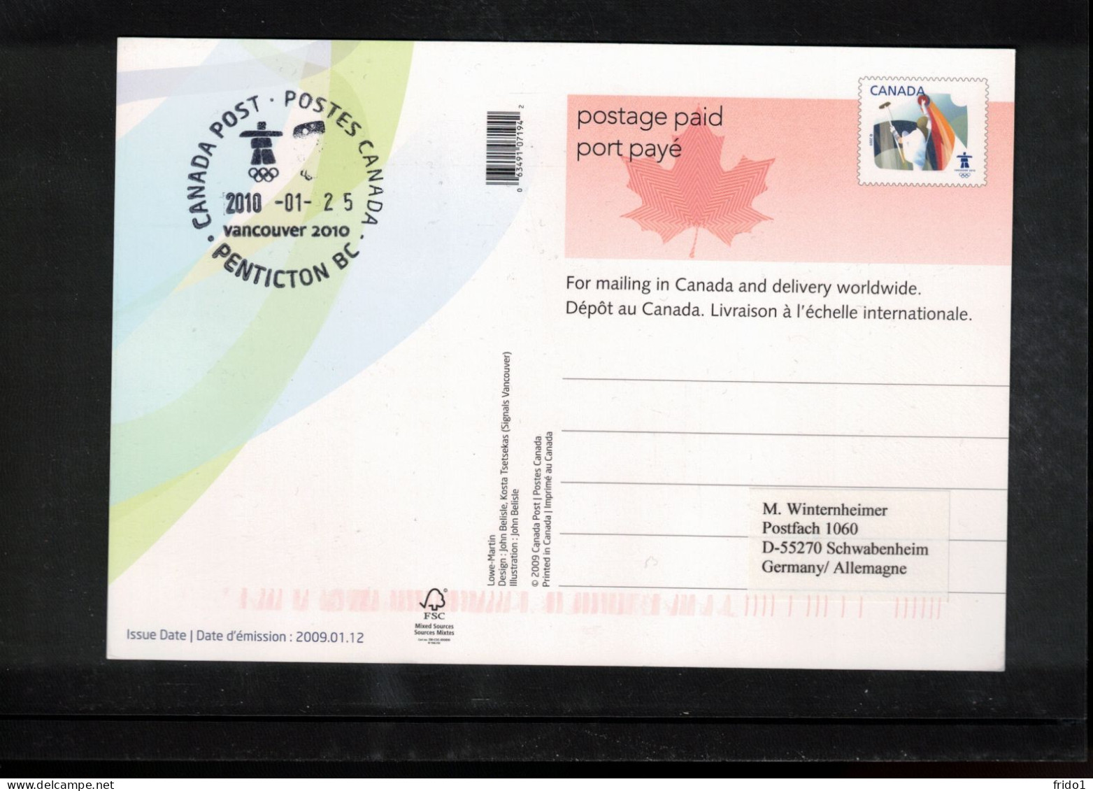 Canada 2010 Olympic Games Vancouver - PENTICTON BC Postmark Interesting Postcard - Winter 2010: Vancouver