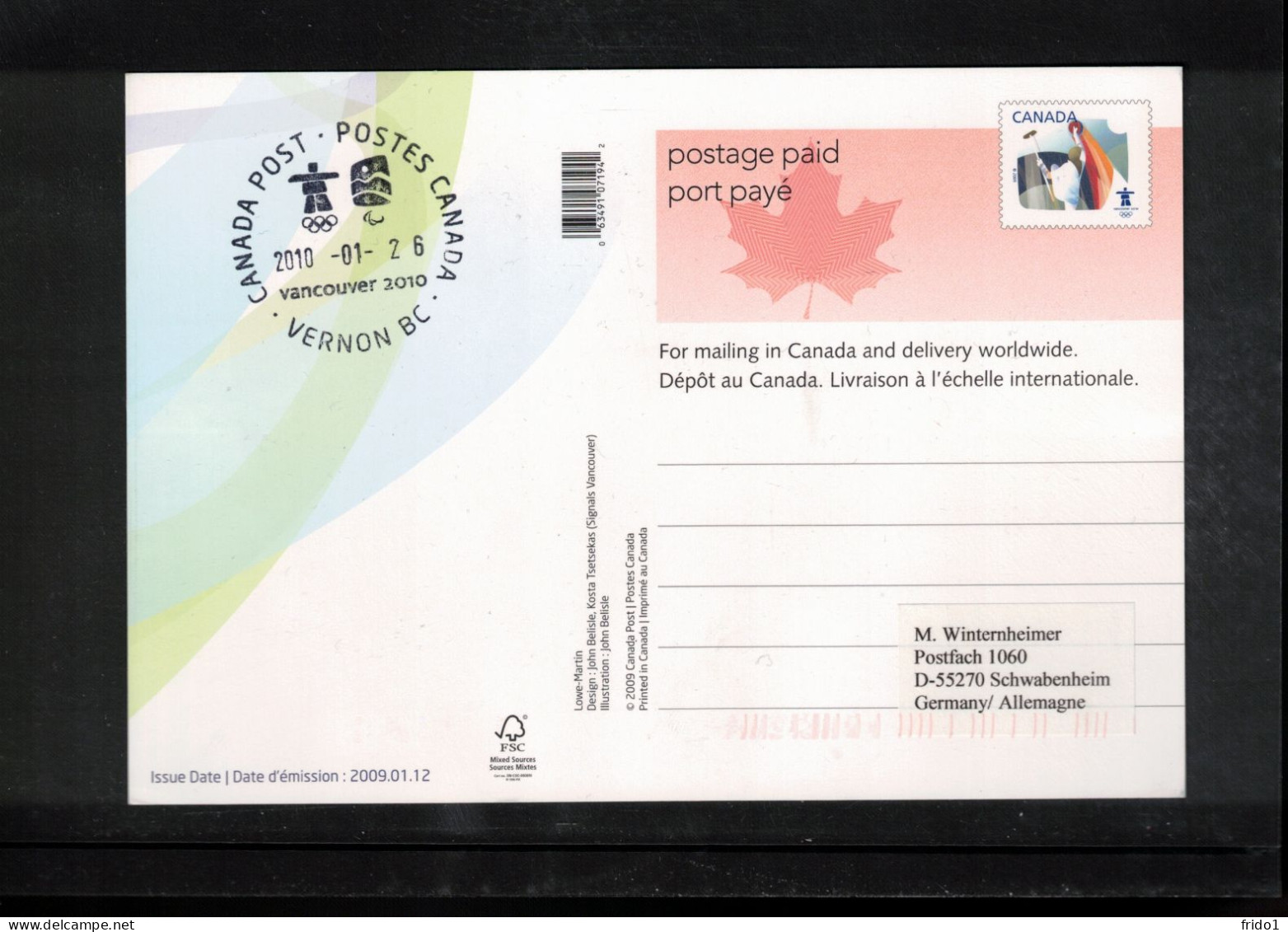 Canada 2010 Olympic Games Vancouver - VERNON BC Postmark Interesting Postcard - Hiver 2010: Vancouver