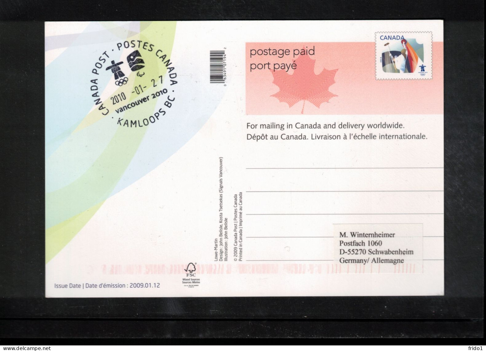 Canada 2010 Olympic Games Vancouver - KAMLOOPS BC Postmark Interesting Postcard - Winter 2010: Vancouver