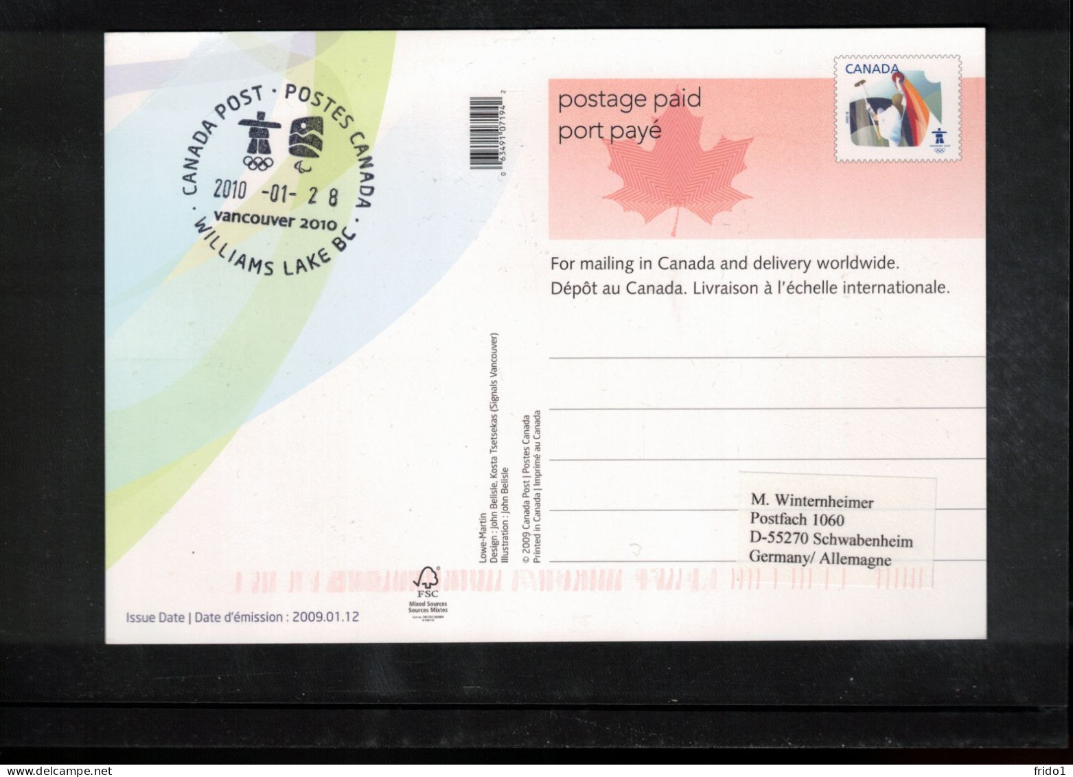 Canada 2010 Olympic Games Vancouver - WILLIAMS LAKE BC Postmark Interesting Postcard - Hiver 2010: Vancouver