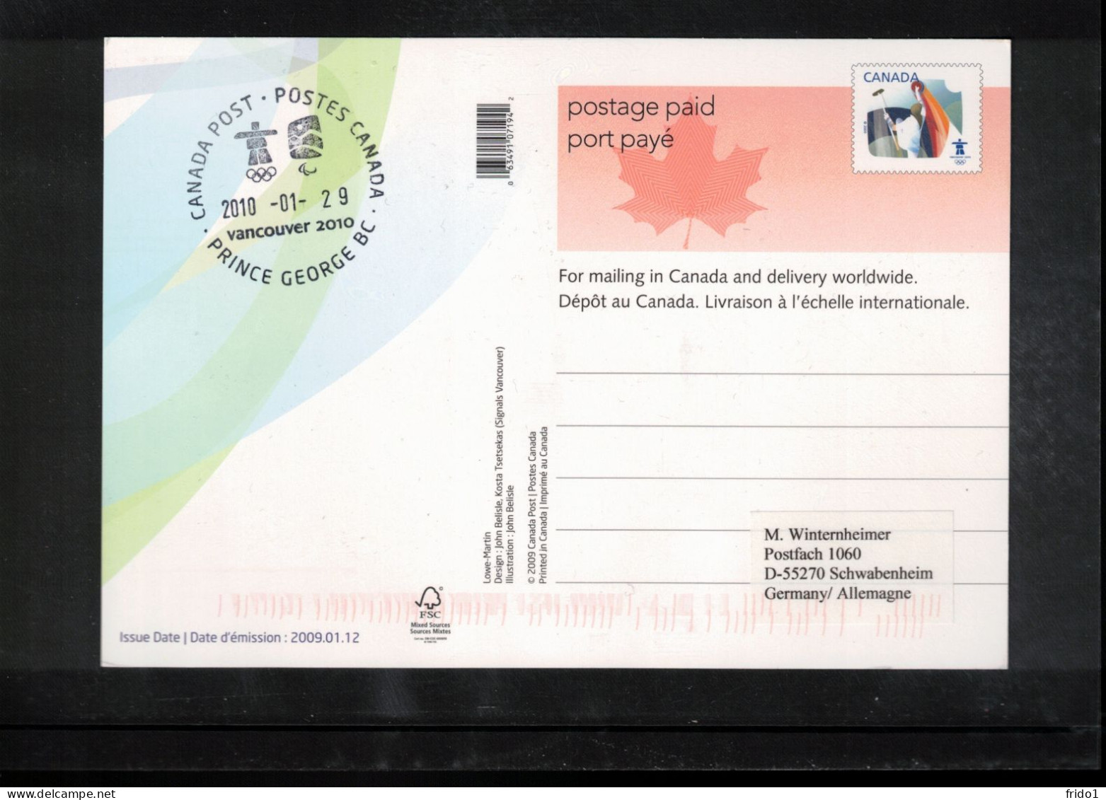 Canada 2010 Olympic Games Vancouver - PRINCE GEORGE BC Postmark Interesting Postcard - Hiver 2010: Vancouver