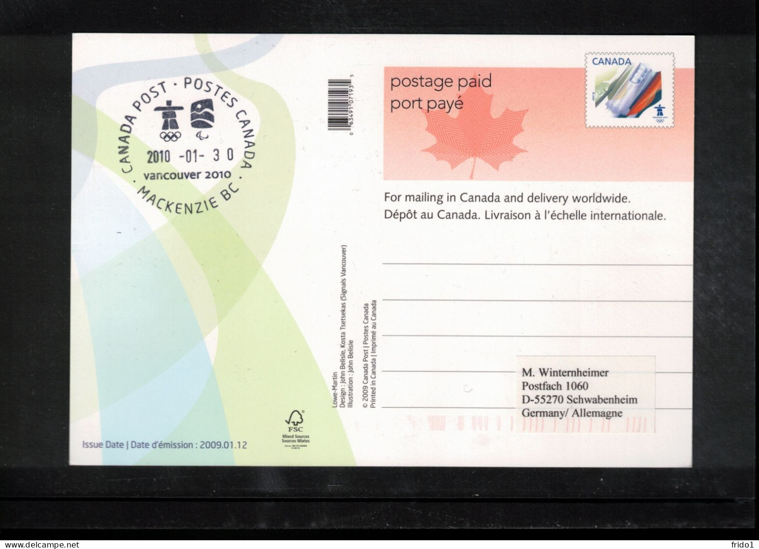 Canada 2010 Olympic Games Vancouver - MACKENZIE BC Postmark Interesting Postcard - Hiver 2010: Vancouver