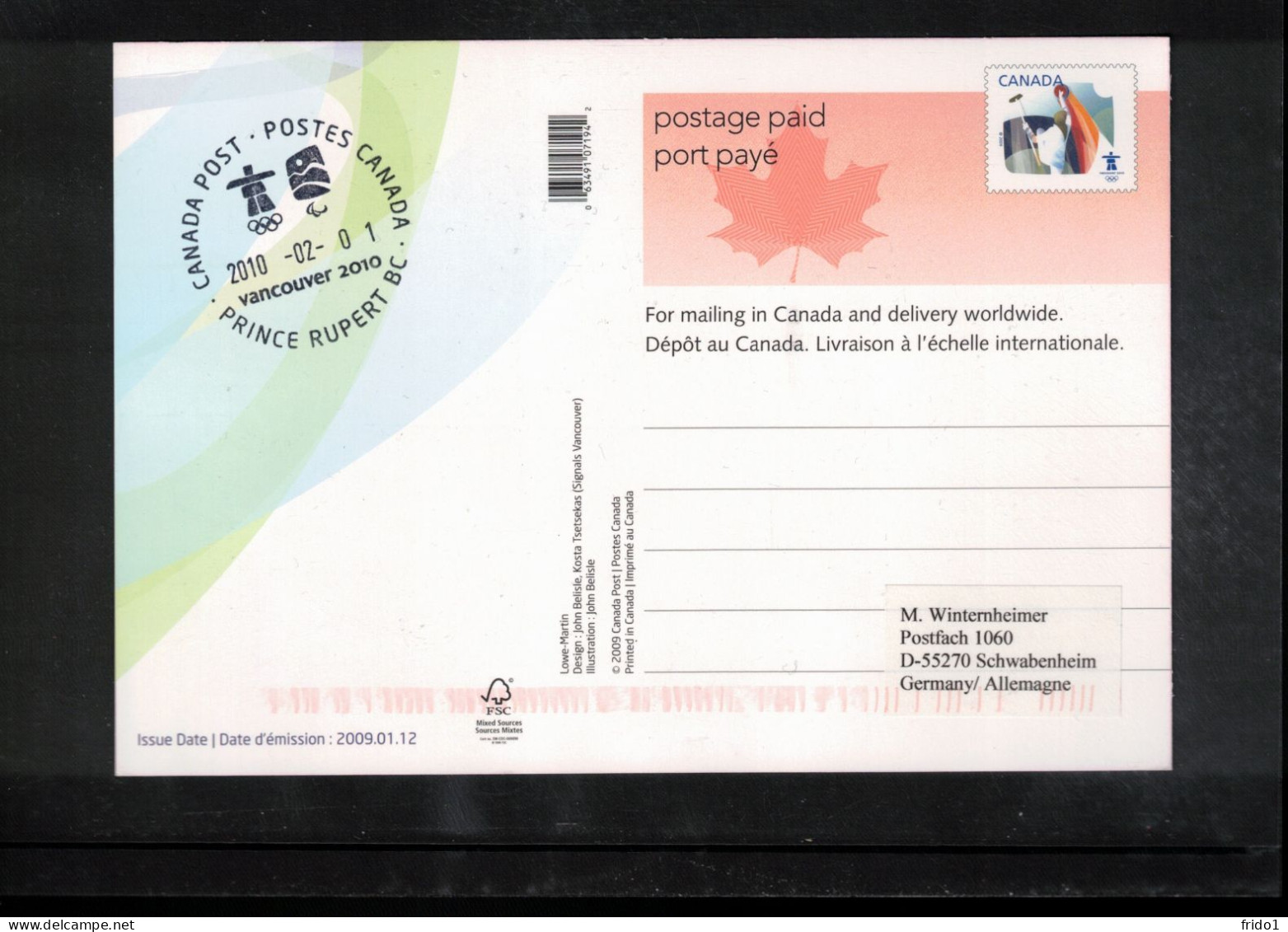 Canada 2010 Olympic Games Vancouver - PRINCE RUPERT BC Postmark Interesting Postcard - Winter 2010: Vancouver