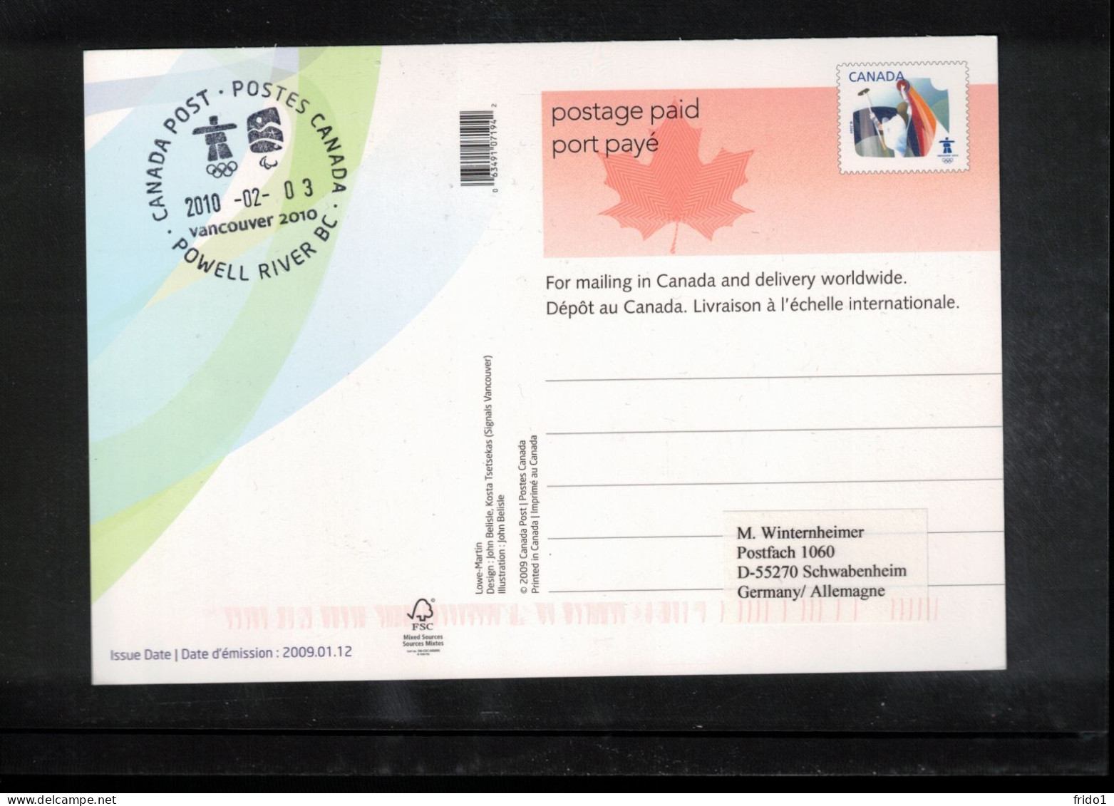 Canada 2010 Olympic Games Vancouver - POWELL RIVER BC Postmark Interesting Postcard - Winter 2010: Vancouver
