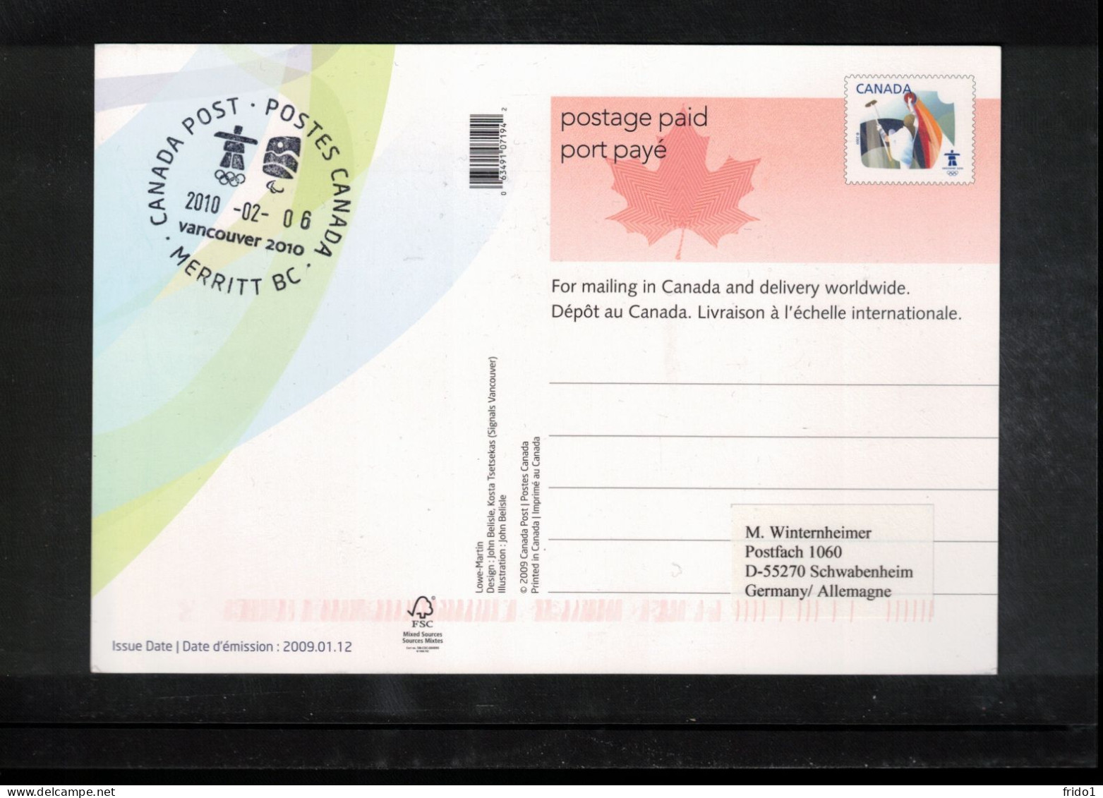 Canada 2010 Olympic Games Vancouver - MERRITT BC Postmark Interesting Postcard - Hiver 2010: Vancouver