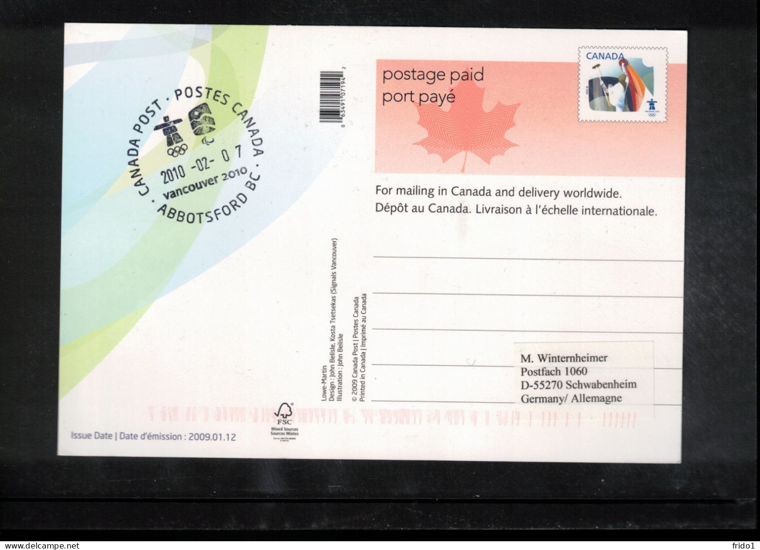 Canada 2010 Olympic Games Vancouver - ABBOTSFORD BC Postmark Interesting Postcard - Hiver 2010: Vancouver