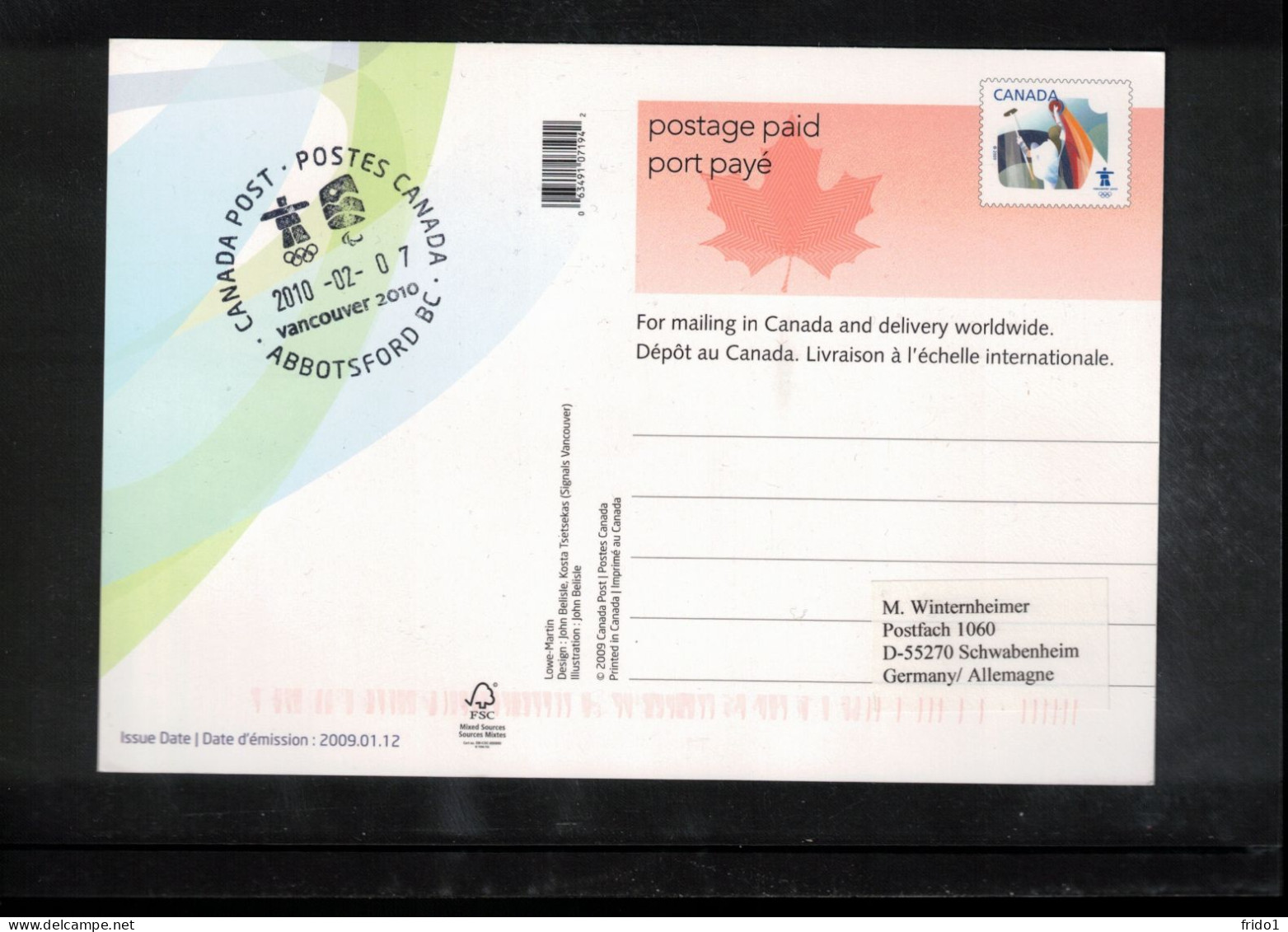 Canada 2010 Olympic Games Vancouver - ABBOTSFORD BC Postmark Interesting Postcard - Winter 2010: Vancouver