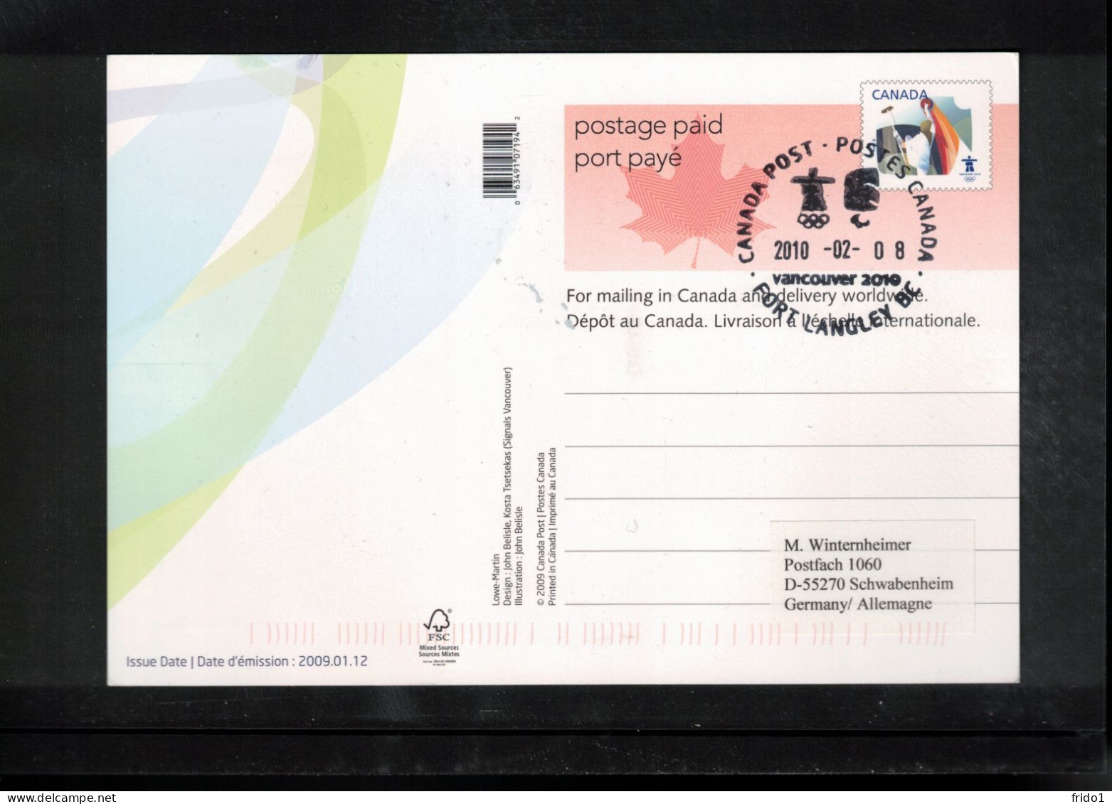 Canada 2010 Olympic Games Vancouver - FORT LANGLEY BC Postmark Interesting Postcard - Winter 2010: Vancouver