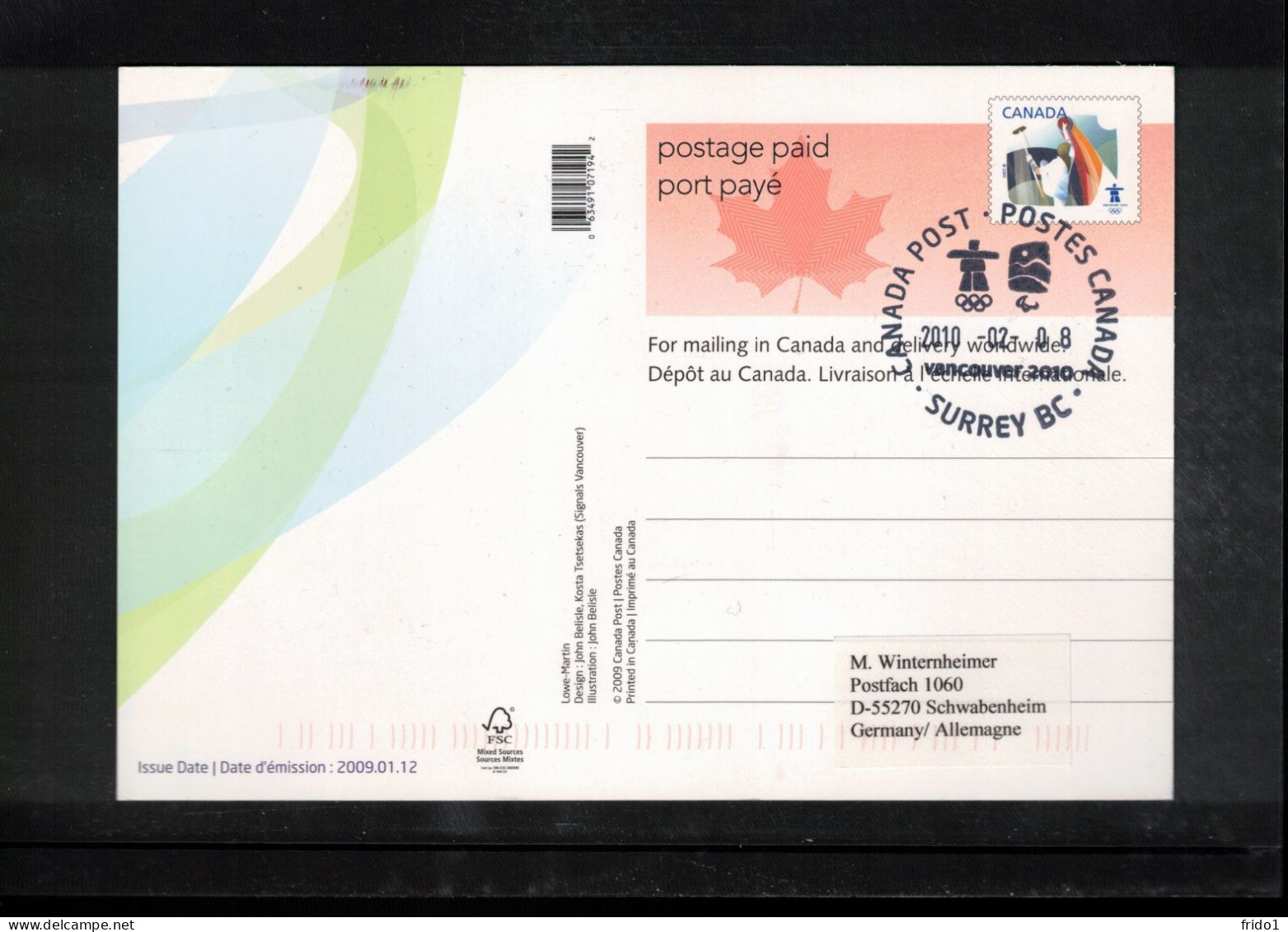 Canada 2010 Olympic Games Vancouver - SURREY BC Postmark Interesting Postcard - Winter 2010: Vancouver
