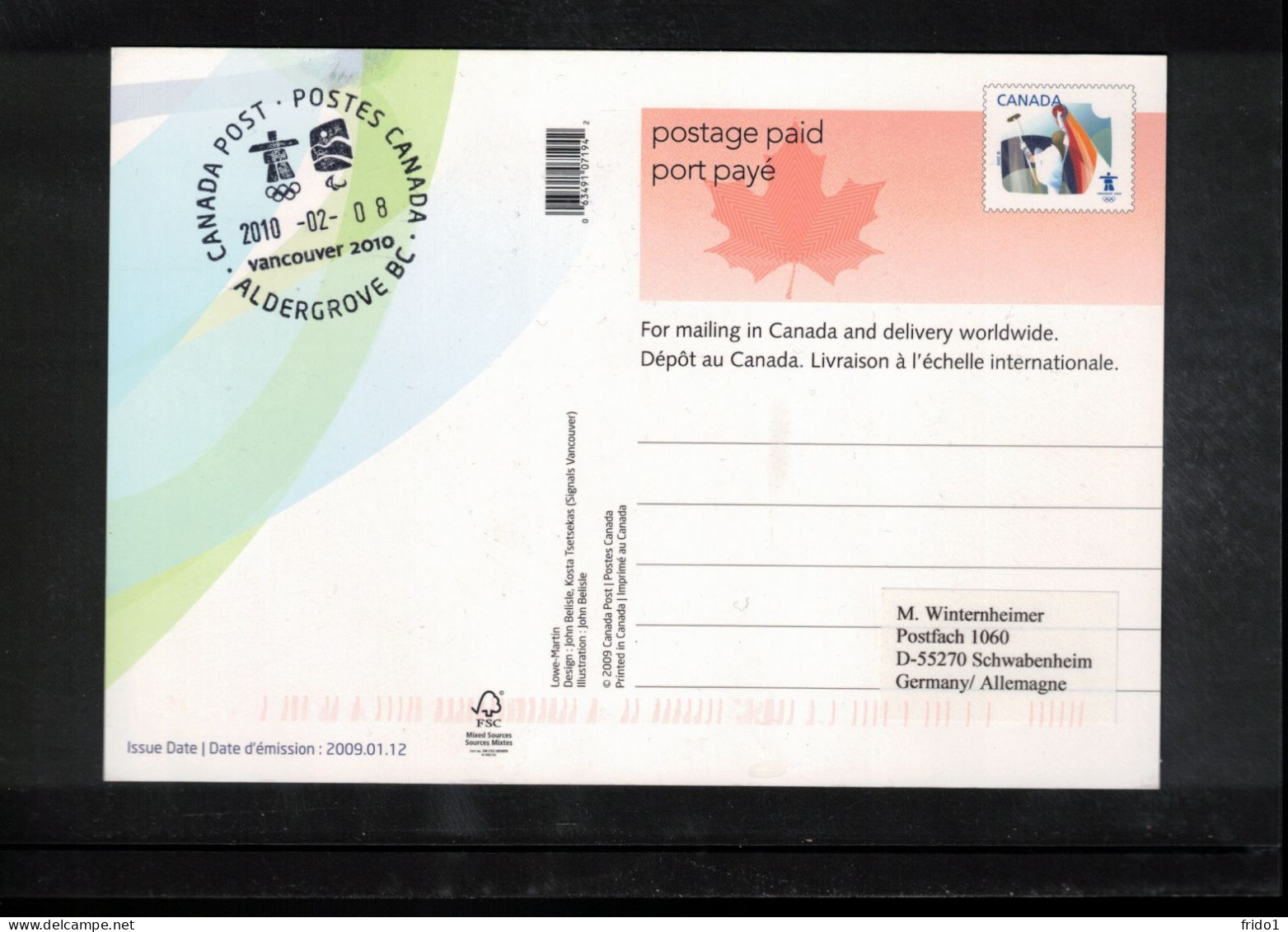 Canada 2010 Olympic Games Vancouver - ALDERGROVE BC Postmark Interesting Postcard - Hiver 2010: Vancouver