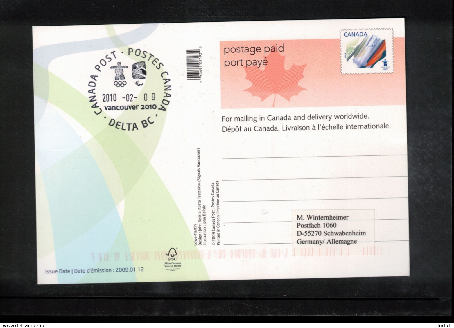 Canada 2010 Olympic Games Vancouver - DELTA BC Postmark Interesting Postcard - Winter 2010: Vancouver