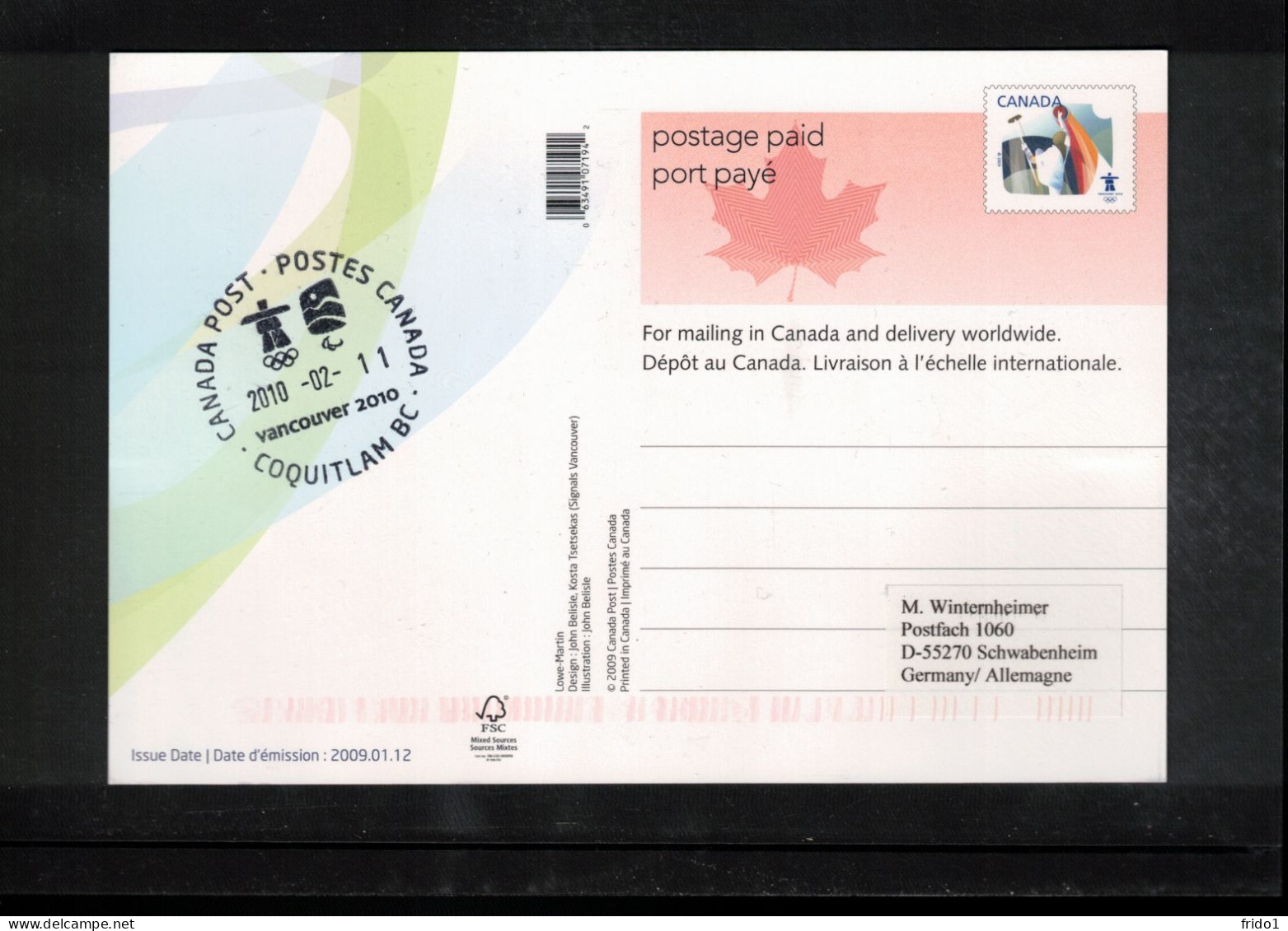 Canada 2010 Olympic Games Vancouver - COQUITLAM BC Postmark Interesting Postcard - Invierno 2010: Vancouver