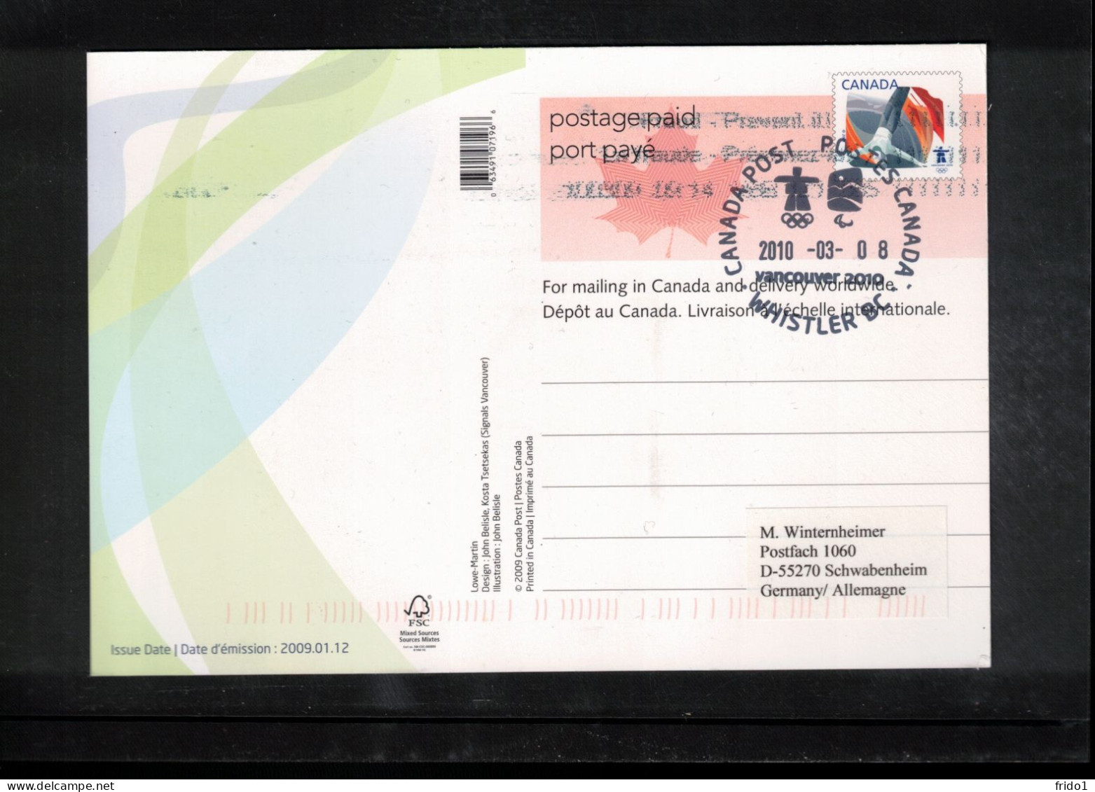 Canada 2010 Olympic Games Vancouver - WHISTLER BC Postmark Interesting Postcard - Invierno 2010: Vancouver