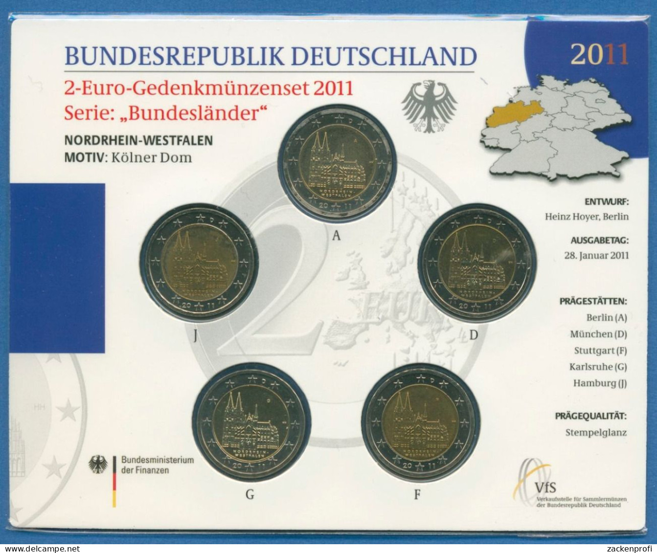 Deutschland 2 Euro 2011 Nordrhein-Westfalen Originalsatz St OVP (m1458) - Germany