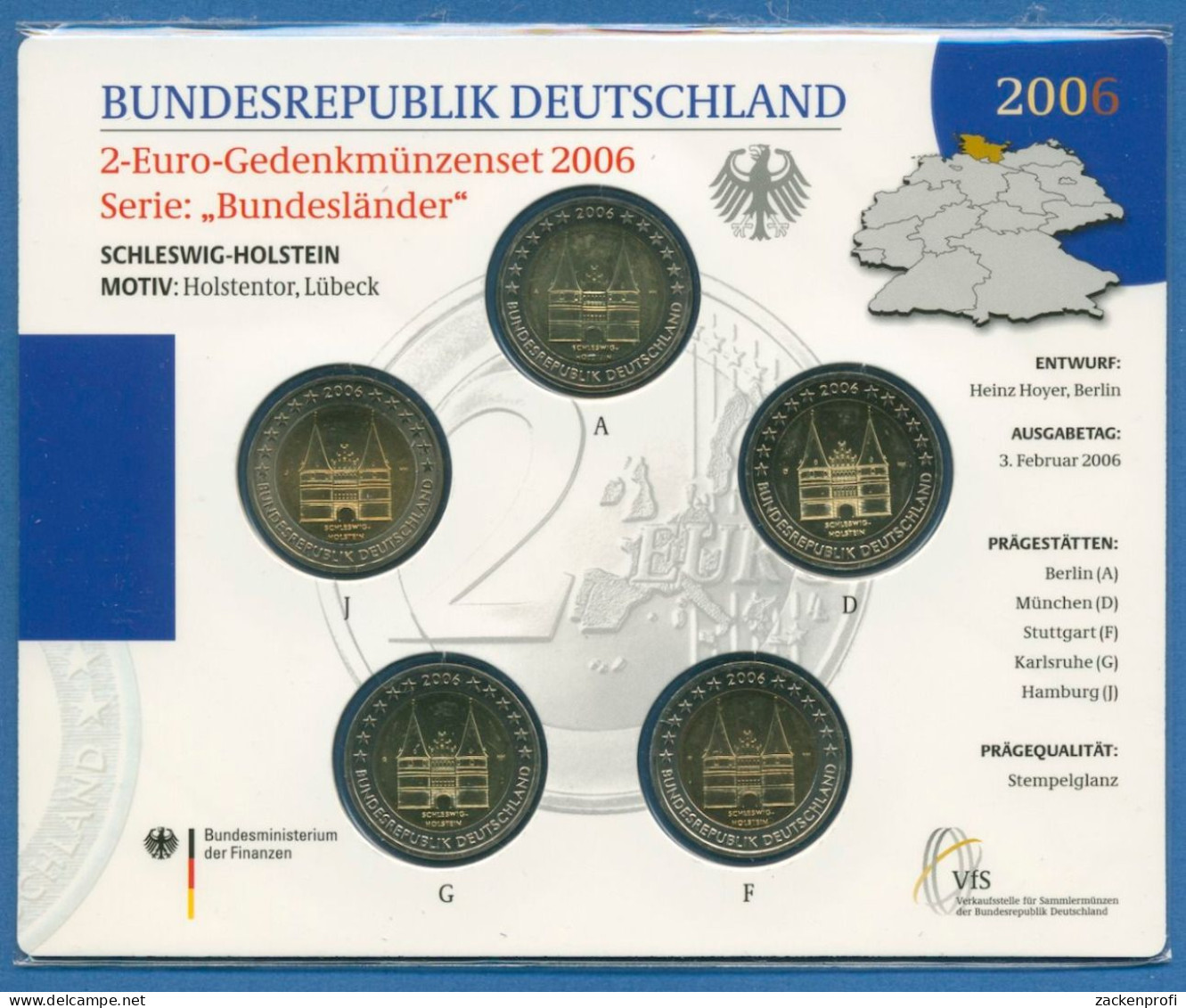 Deutschland 2 Euro 2006 Schleswig-Holstein Originalsatz St OVP (m1453) - Germany