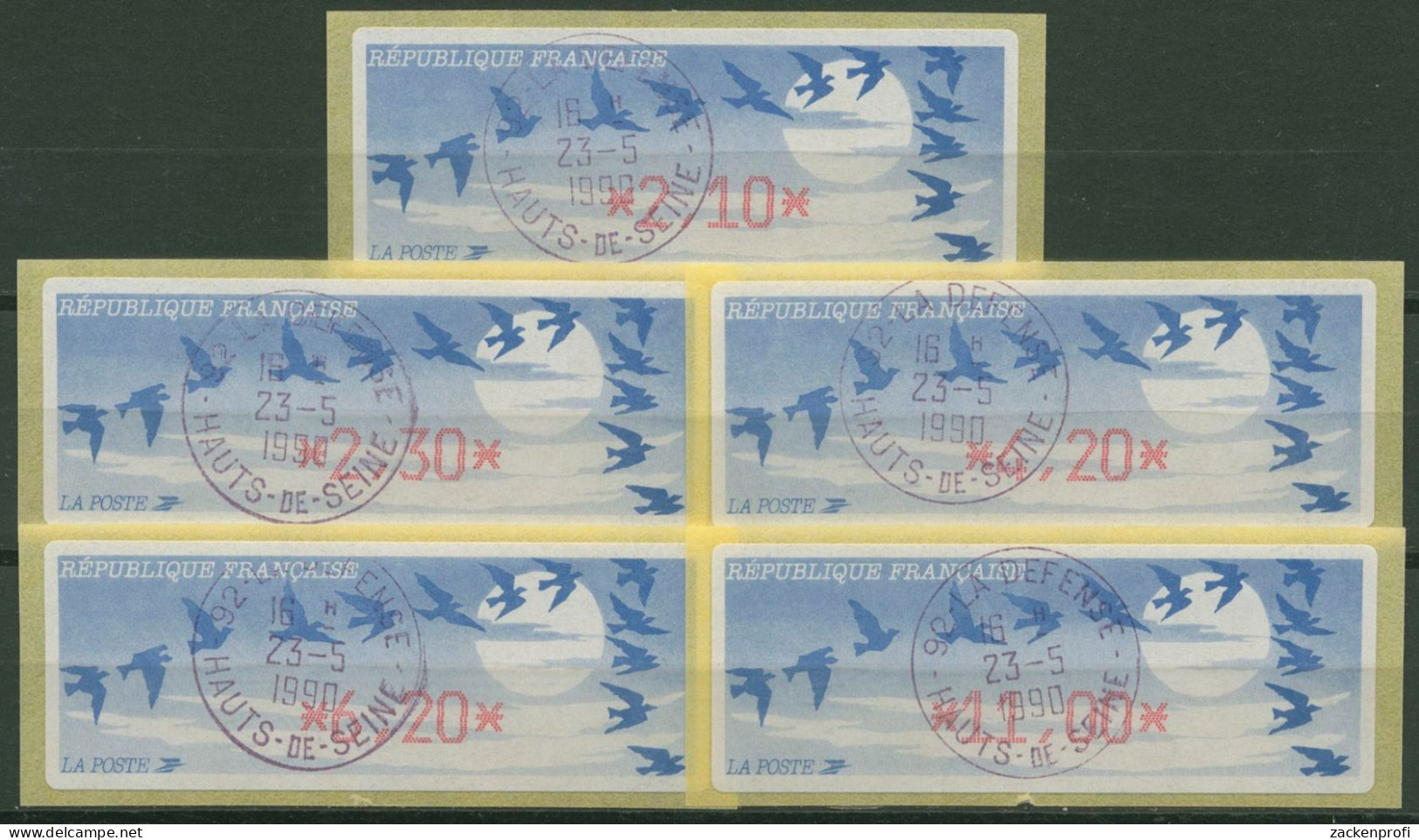 Frankreich ATM 1990 Vogelzug Satz 5 Werte ATM 11.1 B S Gestempelt - 1985 Papel « Carrier »