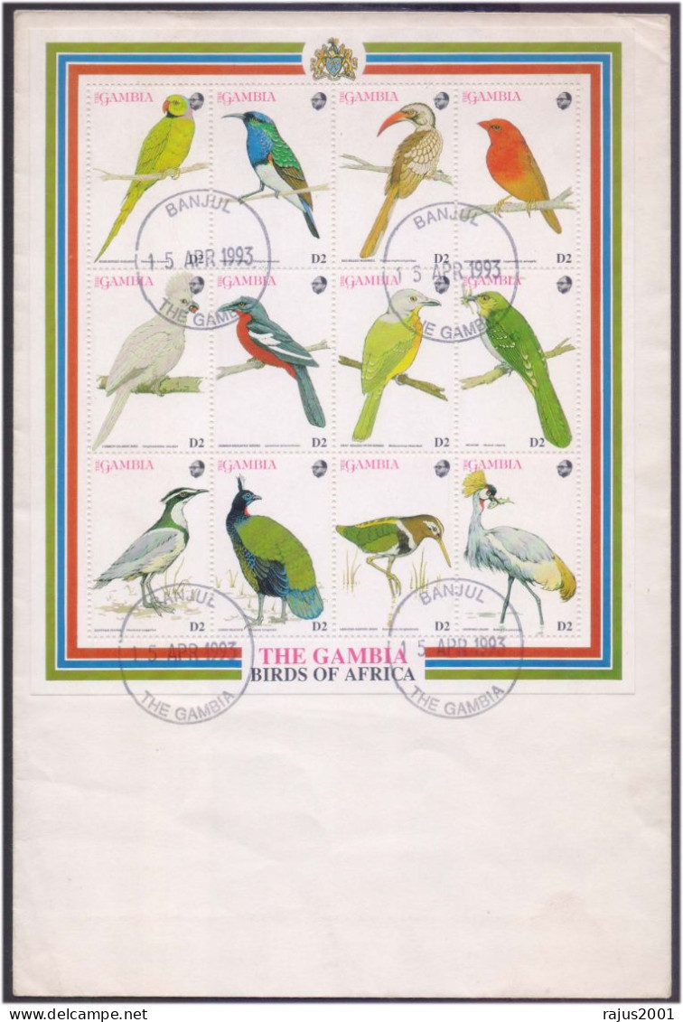 Birds Of Africa, Green Parrot, Hornbill, Egyptian Bird, Peacock, Crowned Crane, Animal, Gambia Full Sheet FDC As Scan - Papagayos