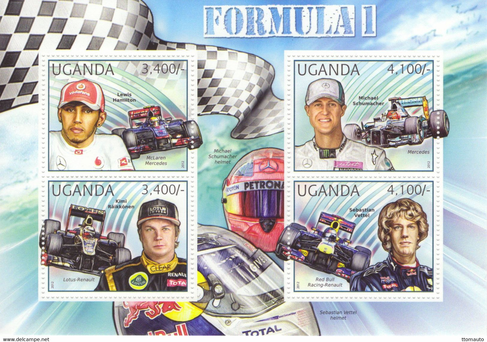 Uganda 2012 - Les As De F1 -  Lewis Hamilton-Michael Schumacher-Kimi Raikkonen-Vettel  -   4v Feuillet  Neuf/Mint/MNH - Auto's