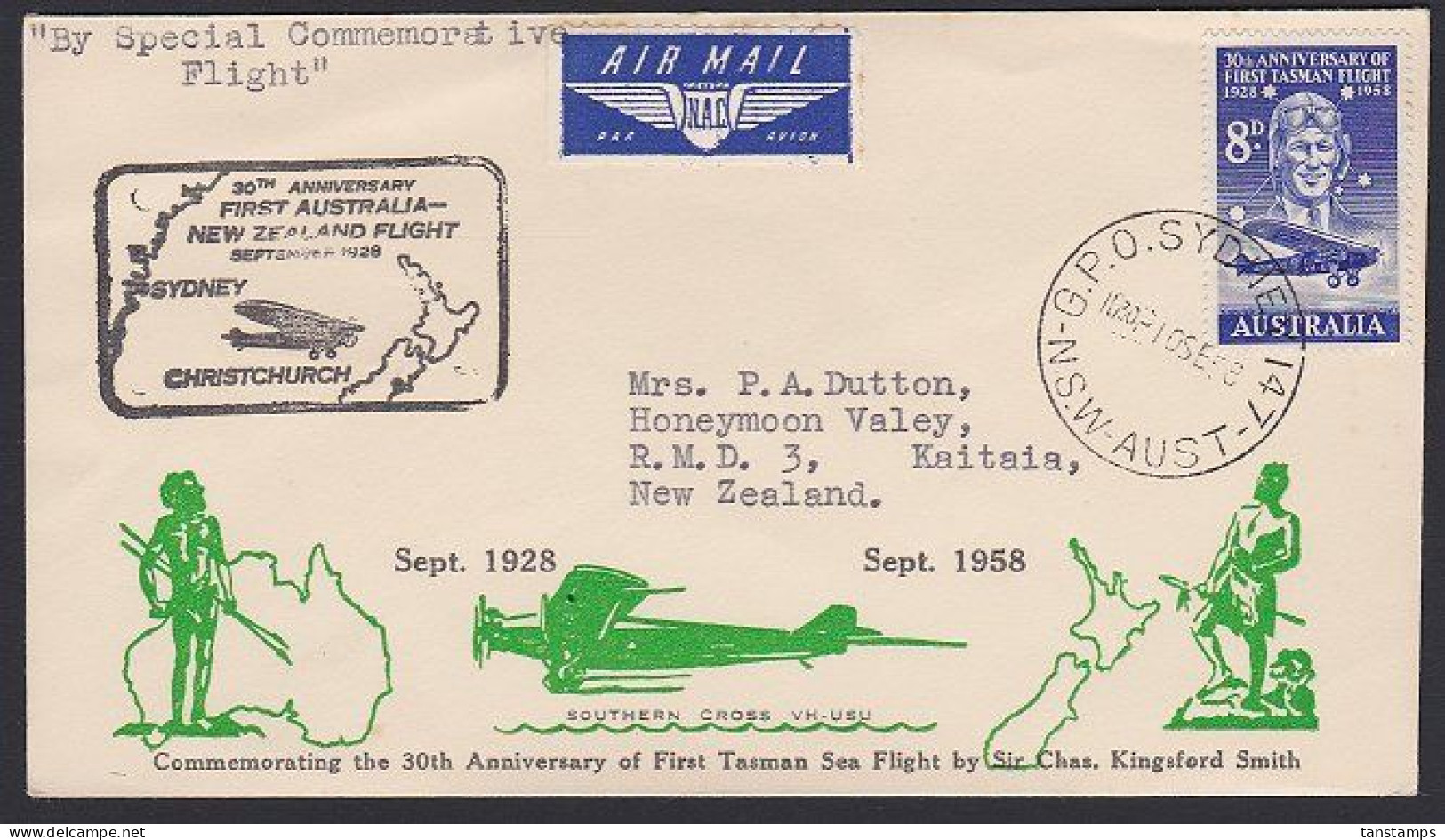 AUSTRALIA 30th ANNIVERSARY OF KINGSFORD SMITH'S FIRST TASMAN AIR CROSSING COVER - Eerste Vluchten