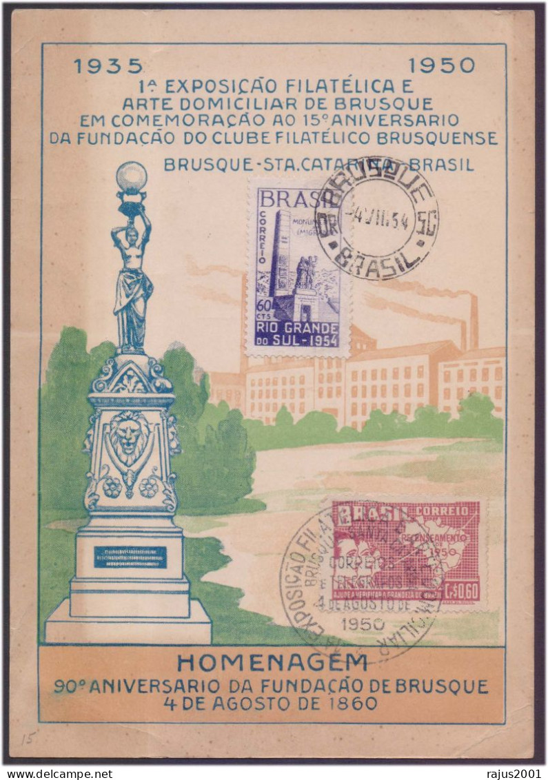 90th ANNIVERSARY OF THE FOUNDATION OF BRUSQUE AUGUST 4, 1860, LION, History Of Brusque, Brazil Card 1950 - 54 - Covers & Documents