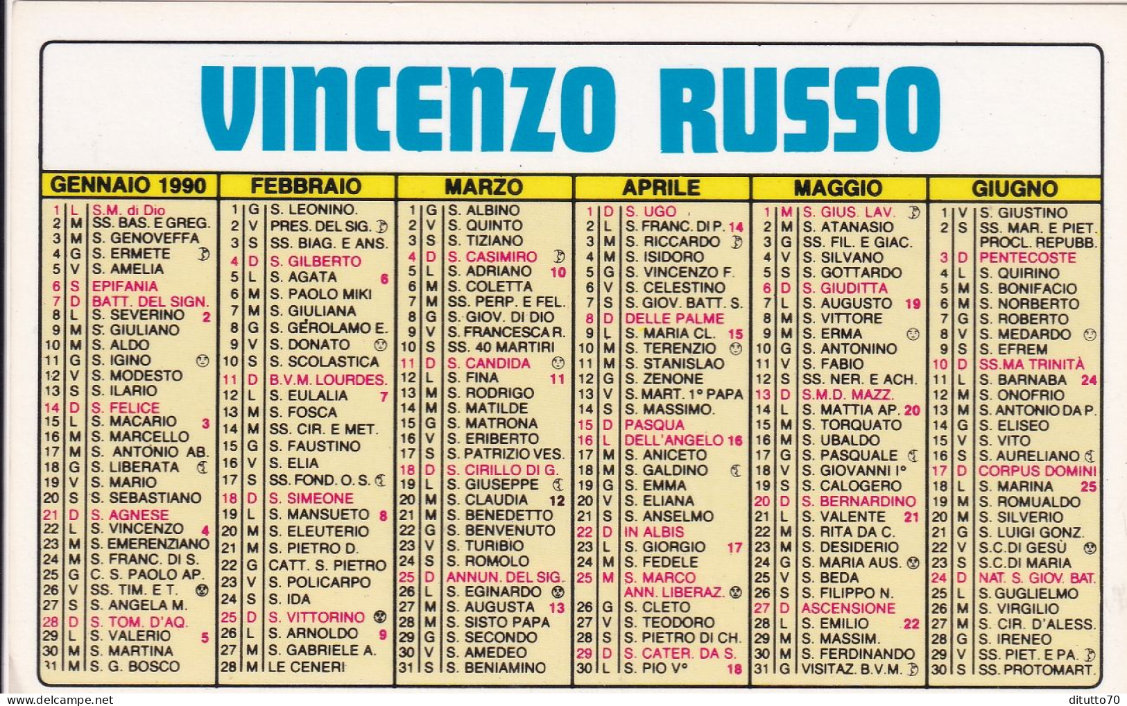 Calendarietto - Acconciature Maschili - Vincenzo Russo - Milano - Anno 1990 - Tamaño Pequeño : 1981-90