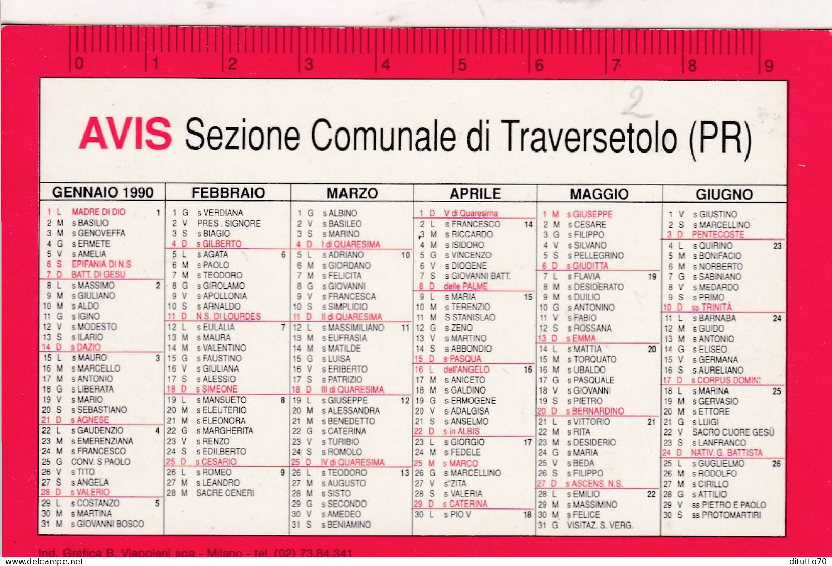 Calendarietto - AVIS - Sezione Comunale Di Traversetolo - Parma - Anno 1990 - Formato Piccolo : 1981-90