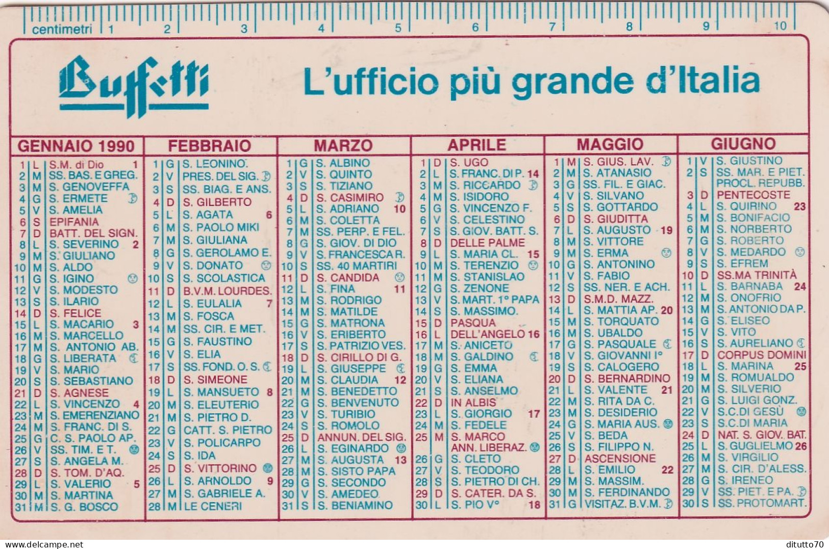 Calendarietto - BUFFETTI - L'ufficio Più Grande D'italia - Anno 1990 - Klein Formaat: 1981-90