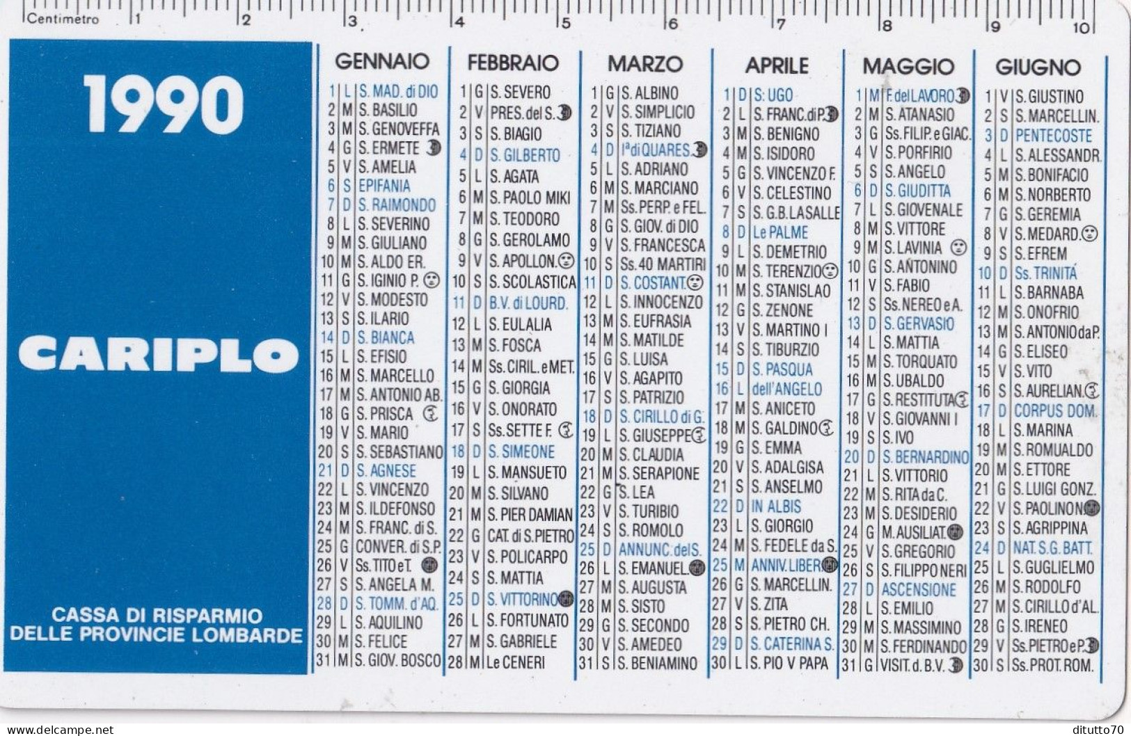 Calendarietto - Cariplo - Cassa Di Risparmio Delle Province Lombarde - Anno 1990 - Kleinformat : 1981-90