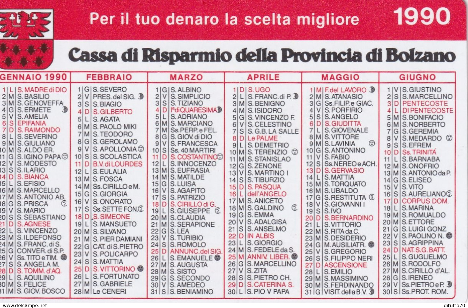 Calendarietto - Cassa Di Risparmio Della Provincia Di Bolzano - Anno 1990 - Small : 1981-90