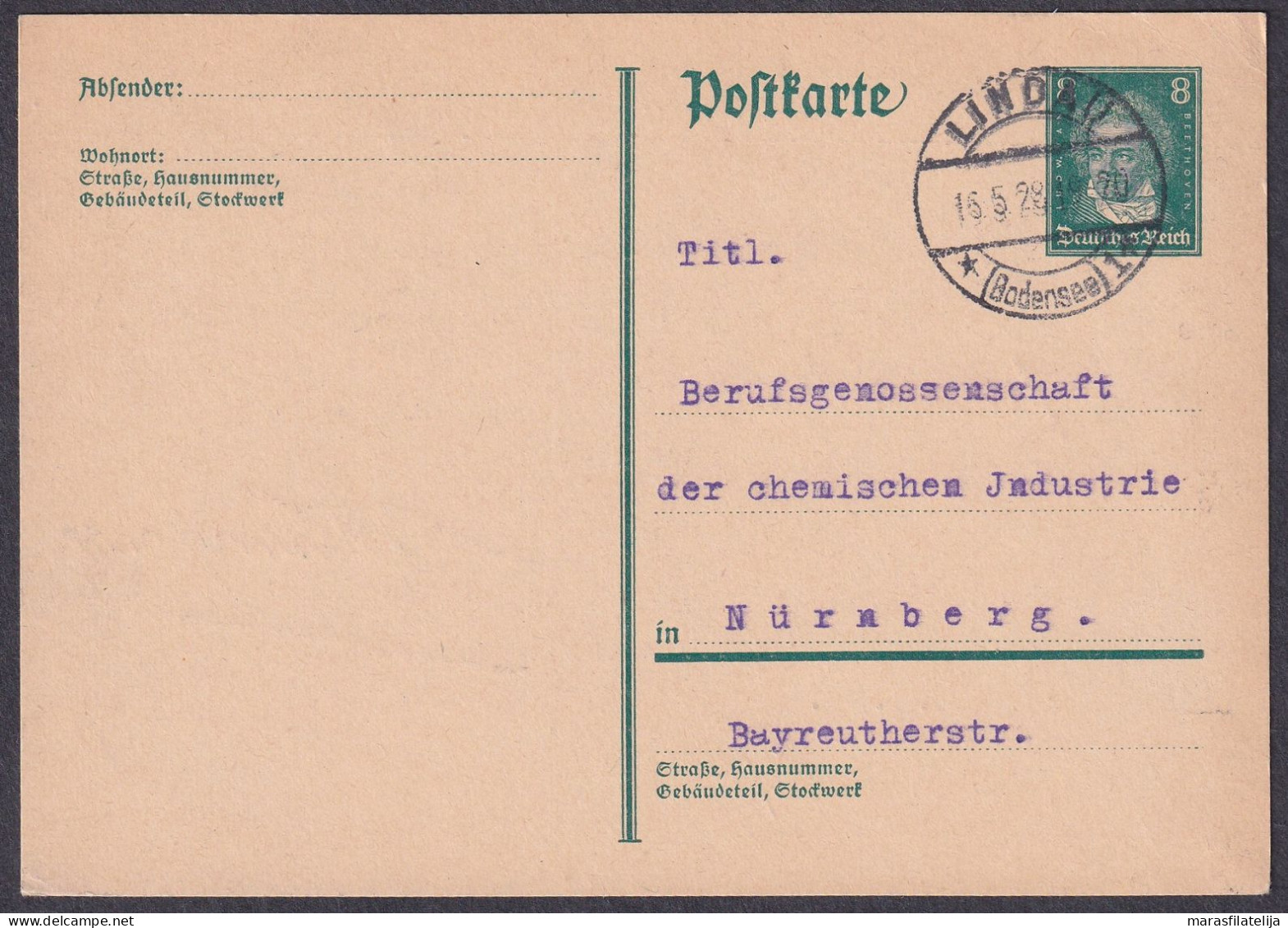 Germany, Reich 1928, Ludwig Van Beethoven, Stationery Card, Lindau To Nürnberg - Andere & Zonder Classificatie