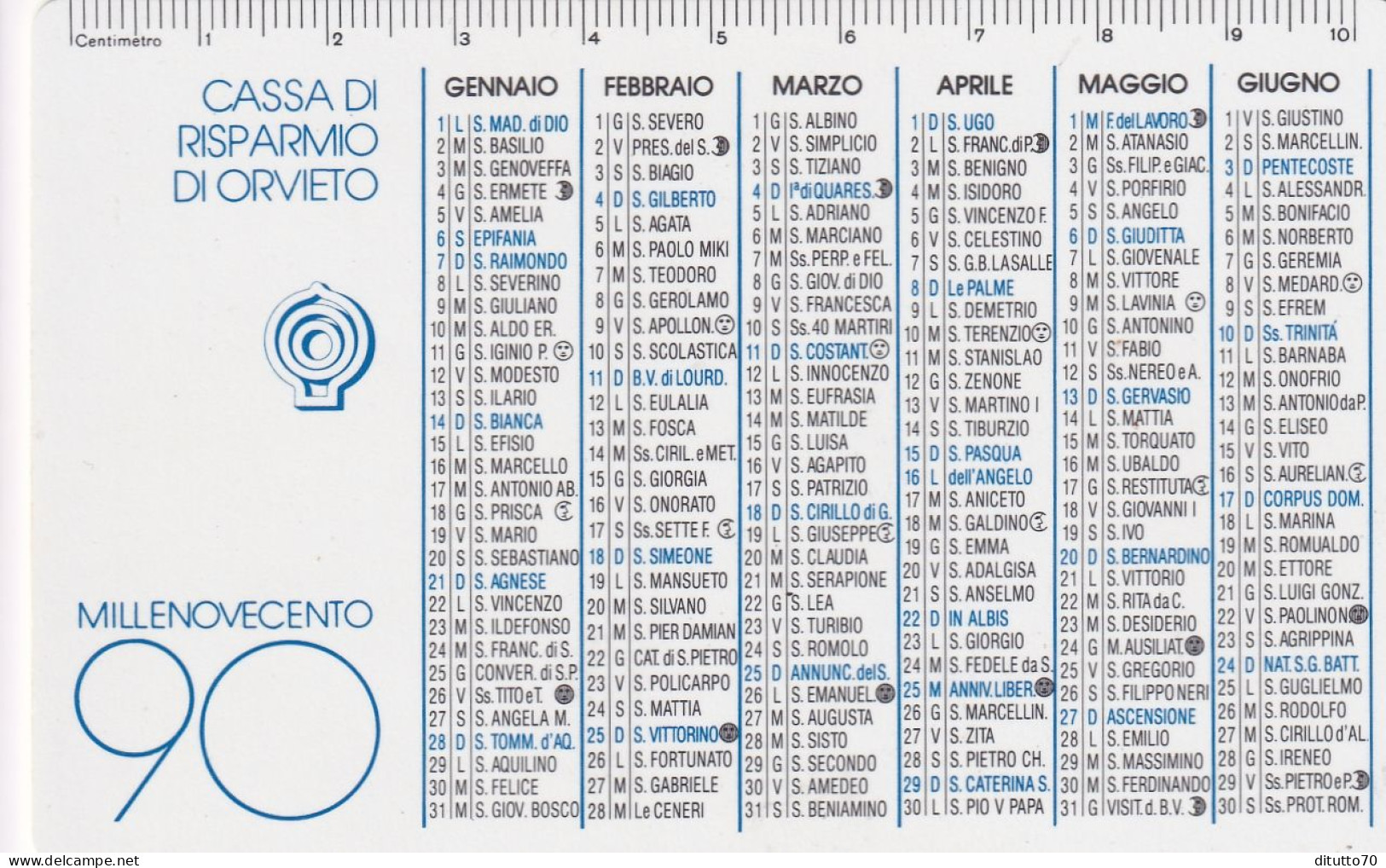Calendarietto - Cassa Di Risparmio Di Orvieto - Anno  1990 - Kleinformat : 1981-90