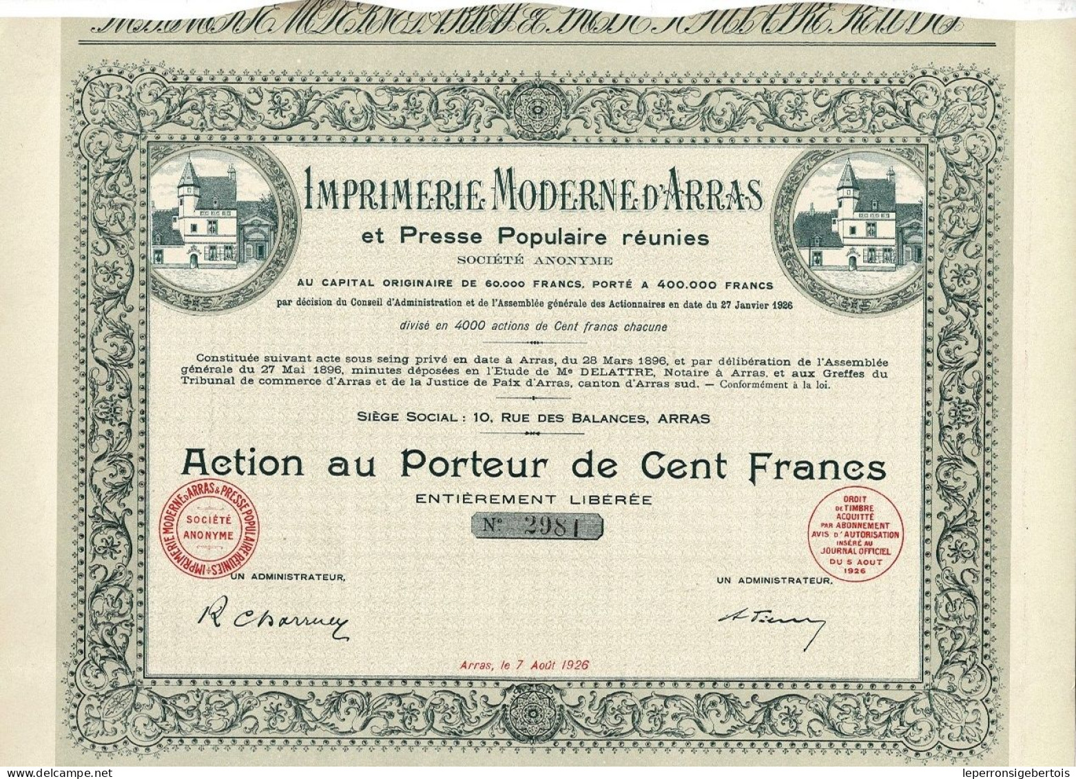 Titre De 1926 - Imprimerie Moderne D'Arras Et Presse Populaire Réunies - Déco - Industrie